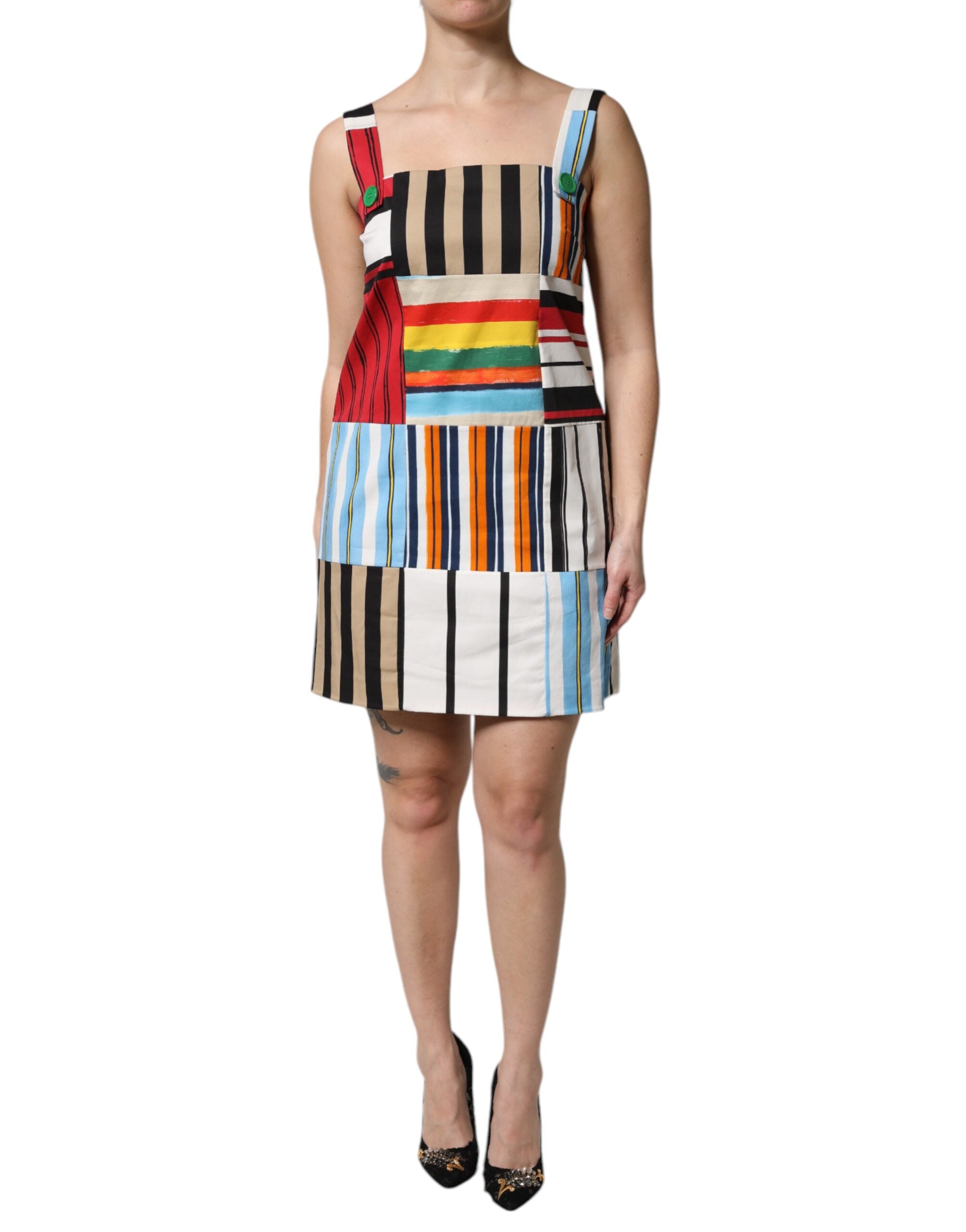Robe sans manches à rayures multicolores en coton de Dolce & Gabbana, élégante et estivale.