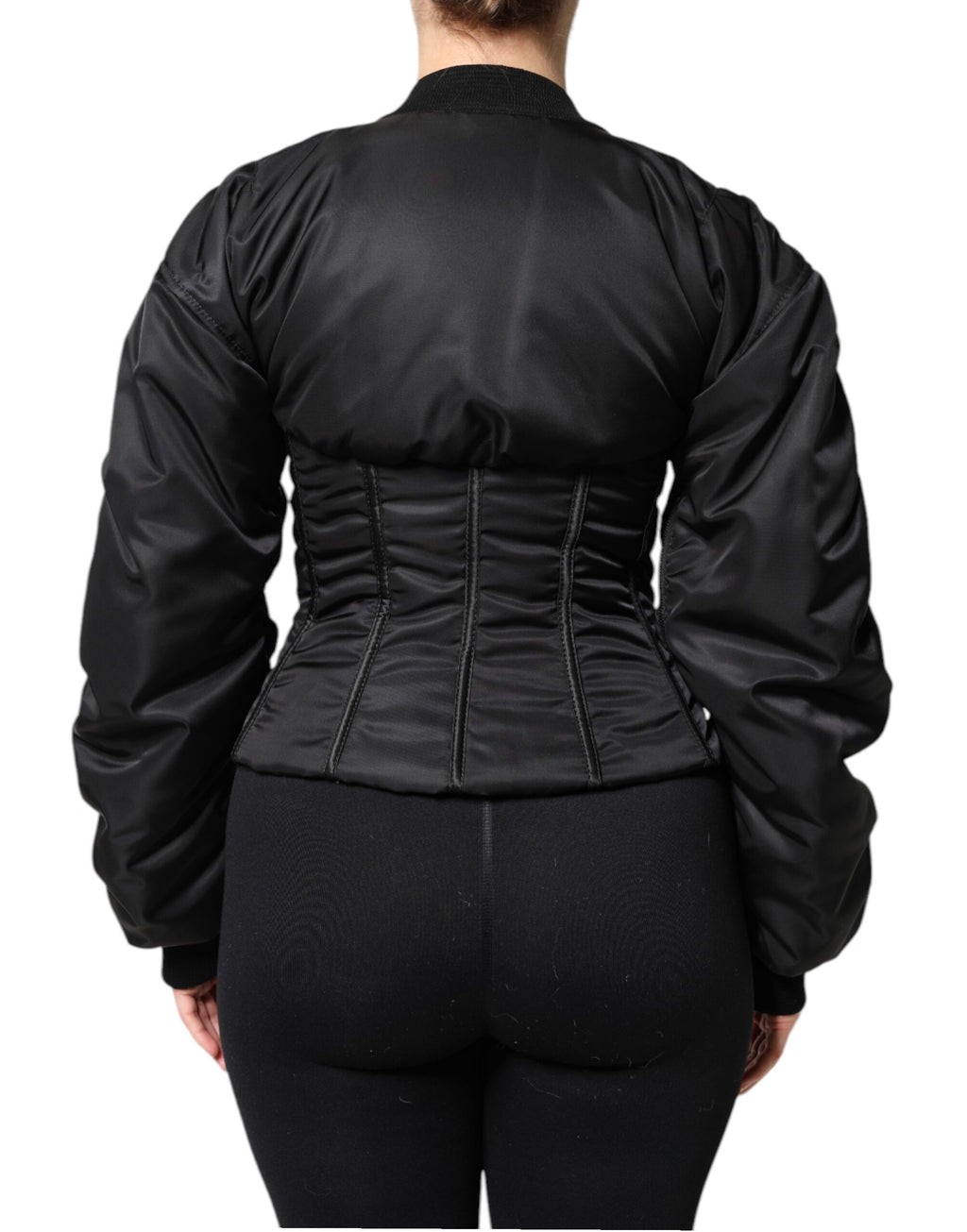 Veste corset en nylon noir Dolce & Gabbana à fermeture éclair complète, ajustée et élégante, vue de face.