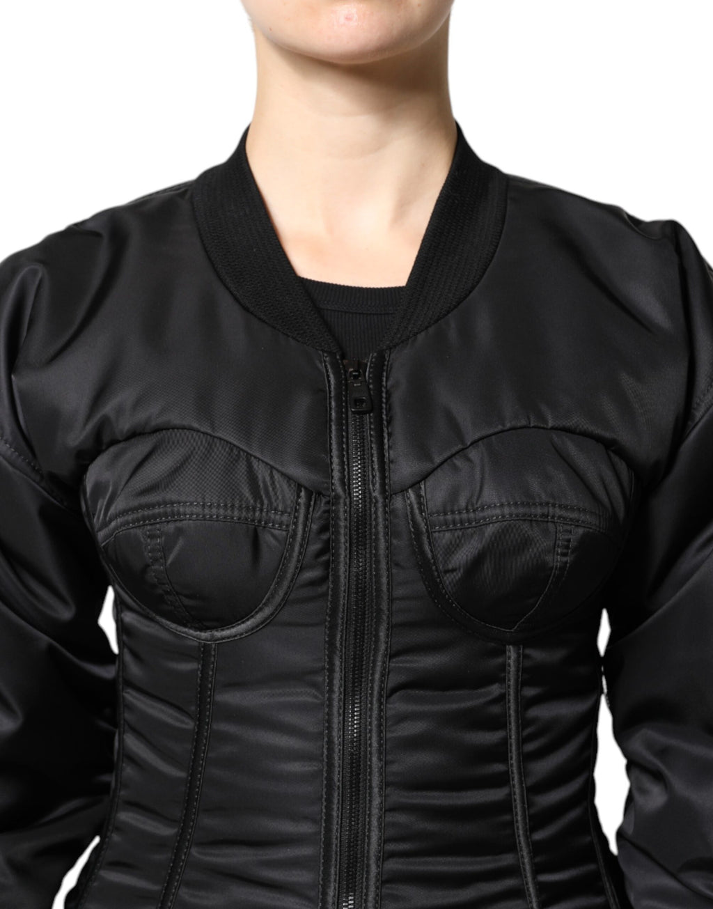 Veste corset noire en nylon avec zip complet de Dolce & Gabbana, style élégant et ajusté pour femme.