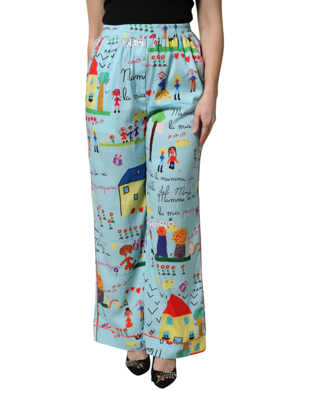 Pantalons Dolce & Gabbana Light Blue Drawstring à taille moyenne et jambes wide, tissu léger et élégant.