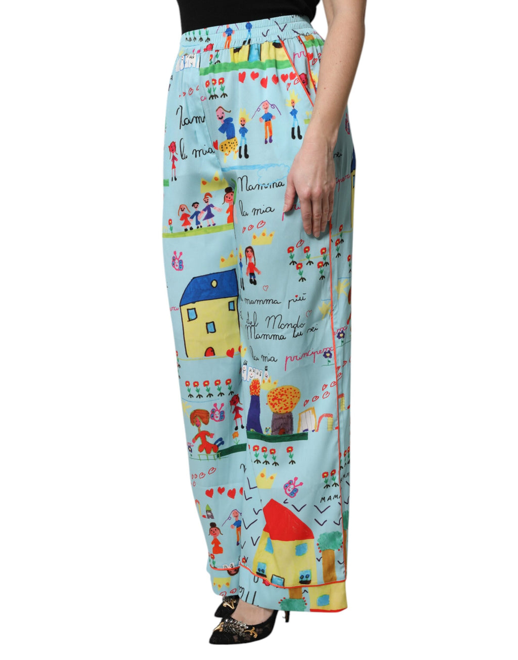 Pantalon large à taille moyenne Light Blue Drawing de Dolce & Gabbana, coupe fluide et élégante, en tissu léger et confortable.