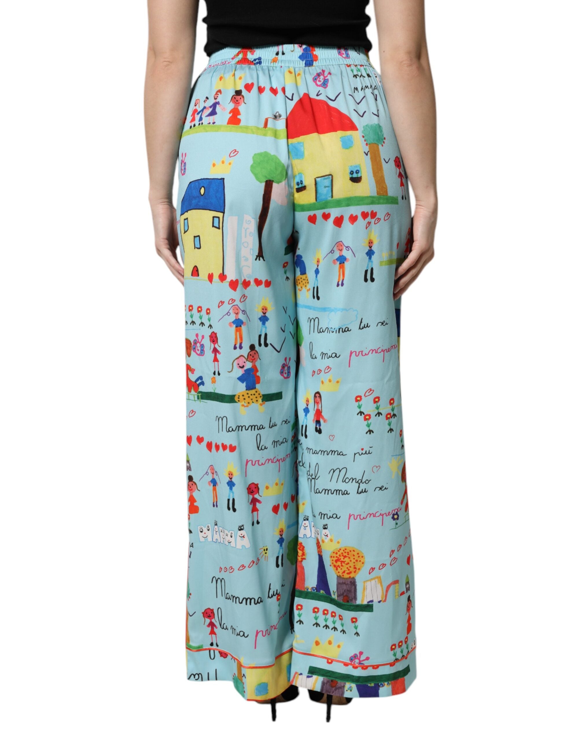 Pantalon large à taille moyenne Dolce & Gabbana Light Blue Drawing, coupe fluide et élégante, en tissu léger.