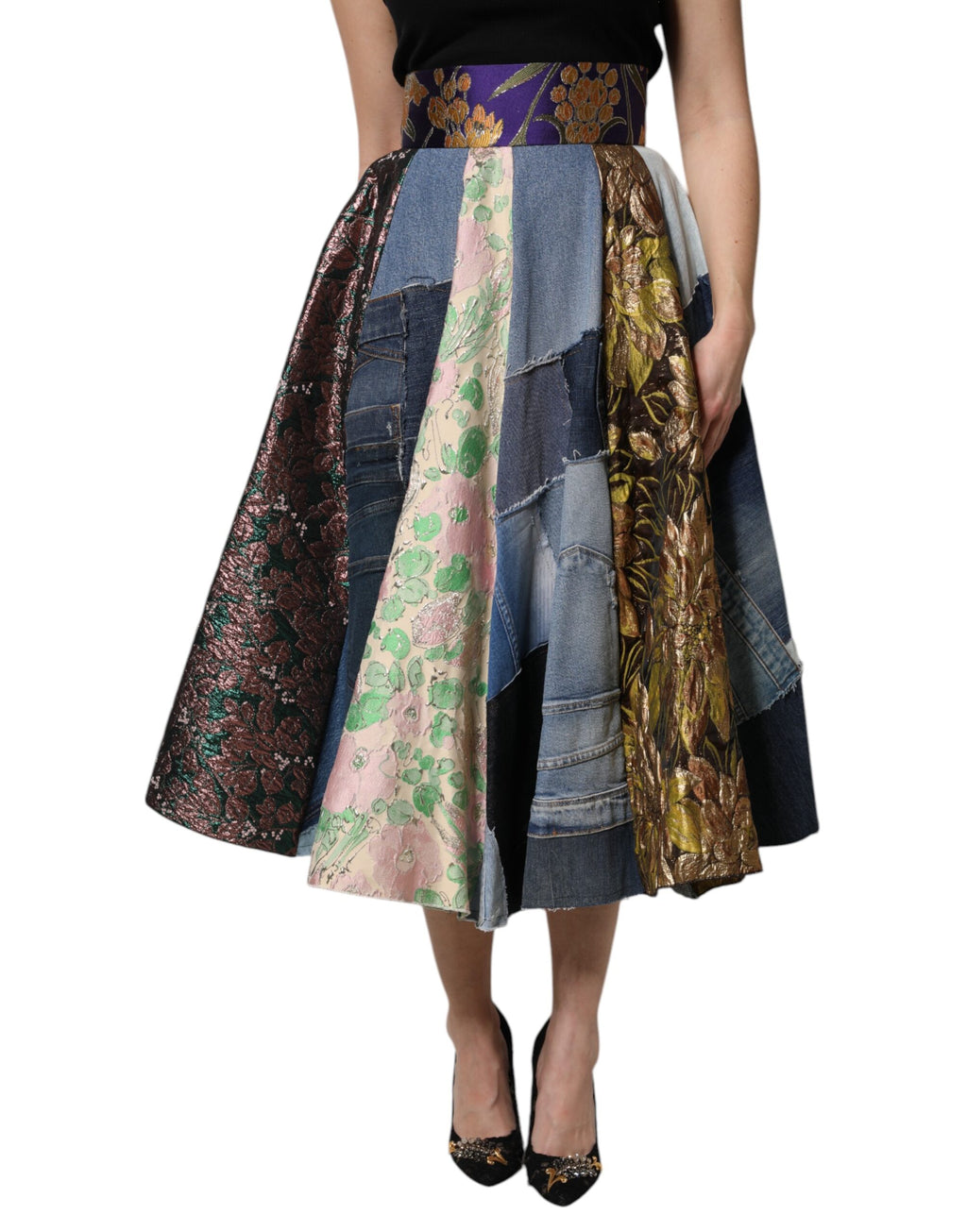 Jupe midi haute taille Dolce & Gabbana à patchwork multicolore avec motif élégant et tissu fluide.