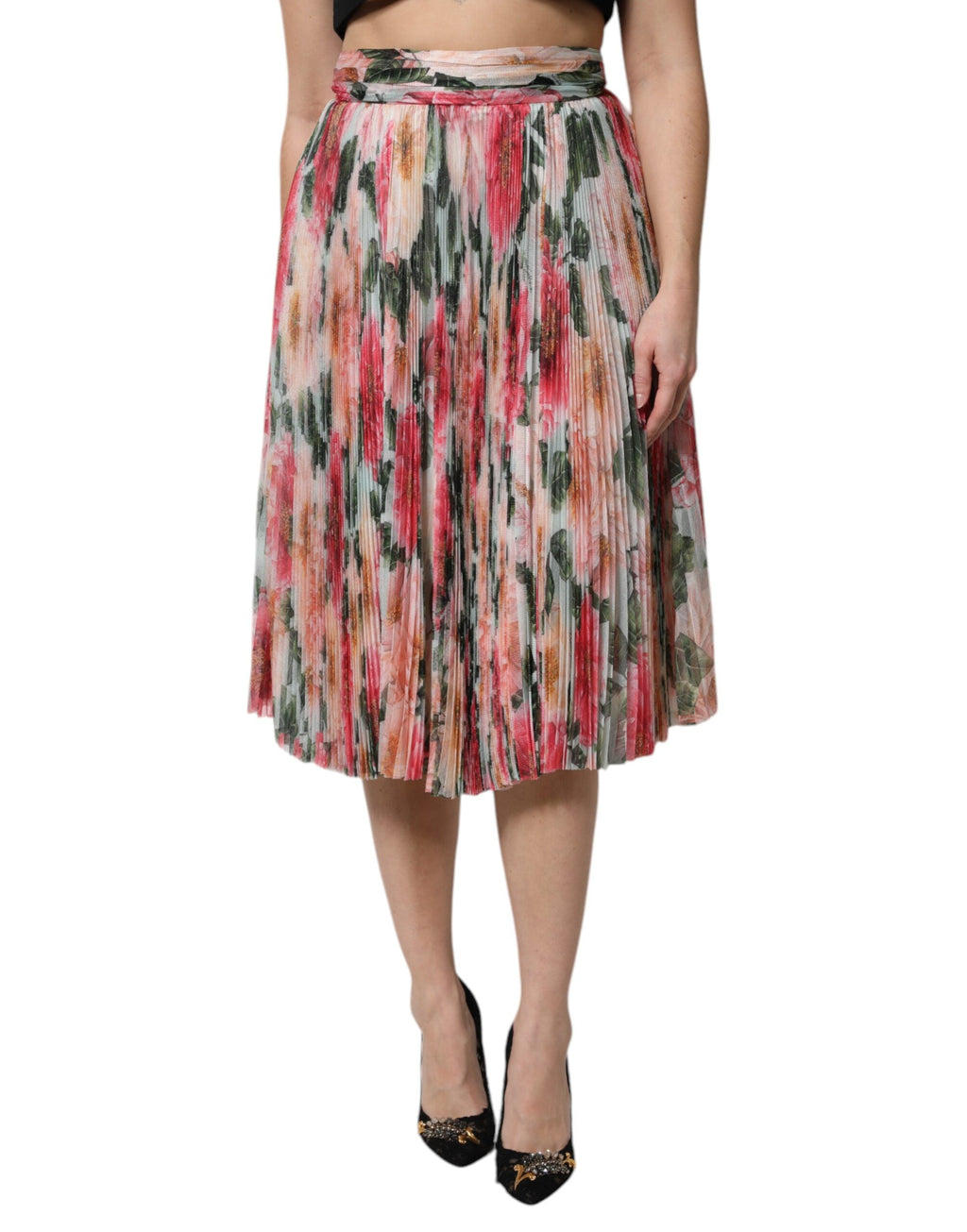 Jupe midi haute en soie multicolore à fleurs de Dolce & Gabbana, mettant en valeur un motif floral élégant et coloré.