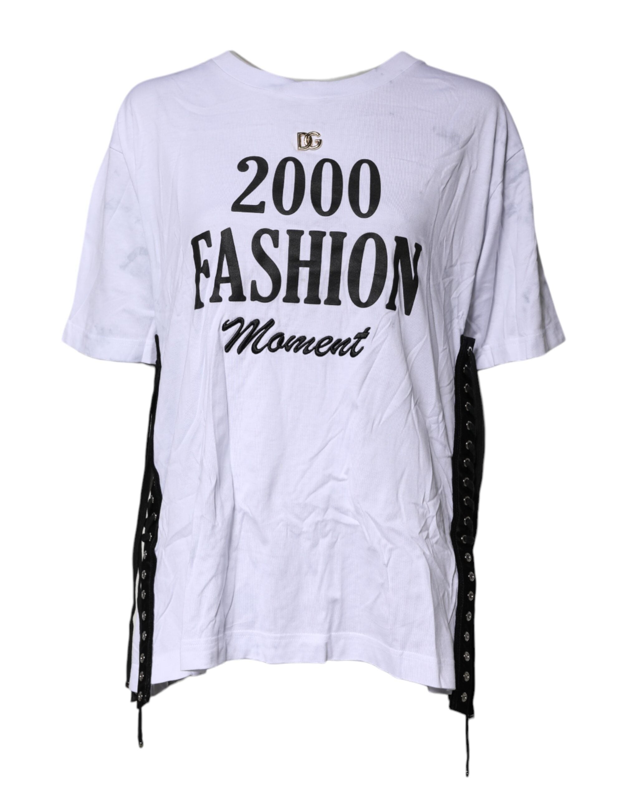 T-shirt blanc Dolce & Gabbana en coton avec imprimé, col ras du cou et laçages, style décontracté et élégant.