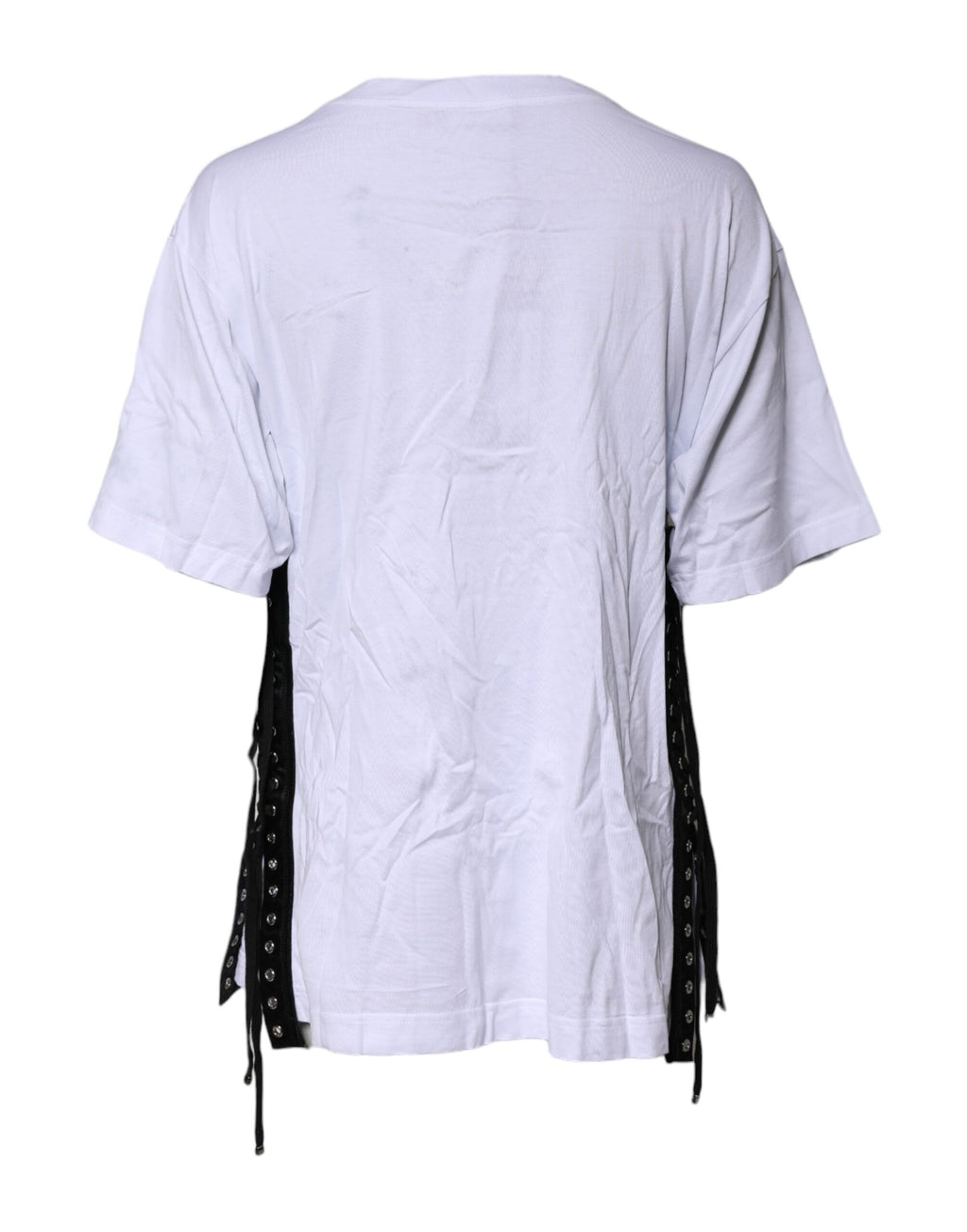 T-shirt blanc Dolce & Gabbana en coton à imprimé, à col rond et lacets, vue de face.