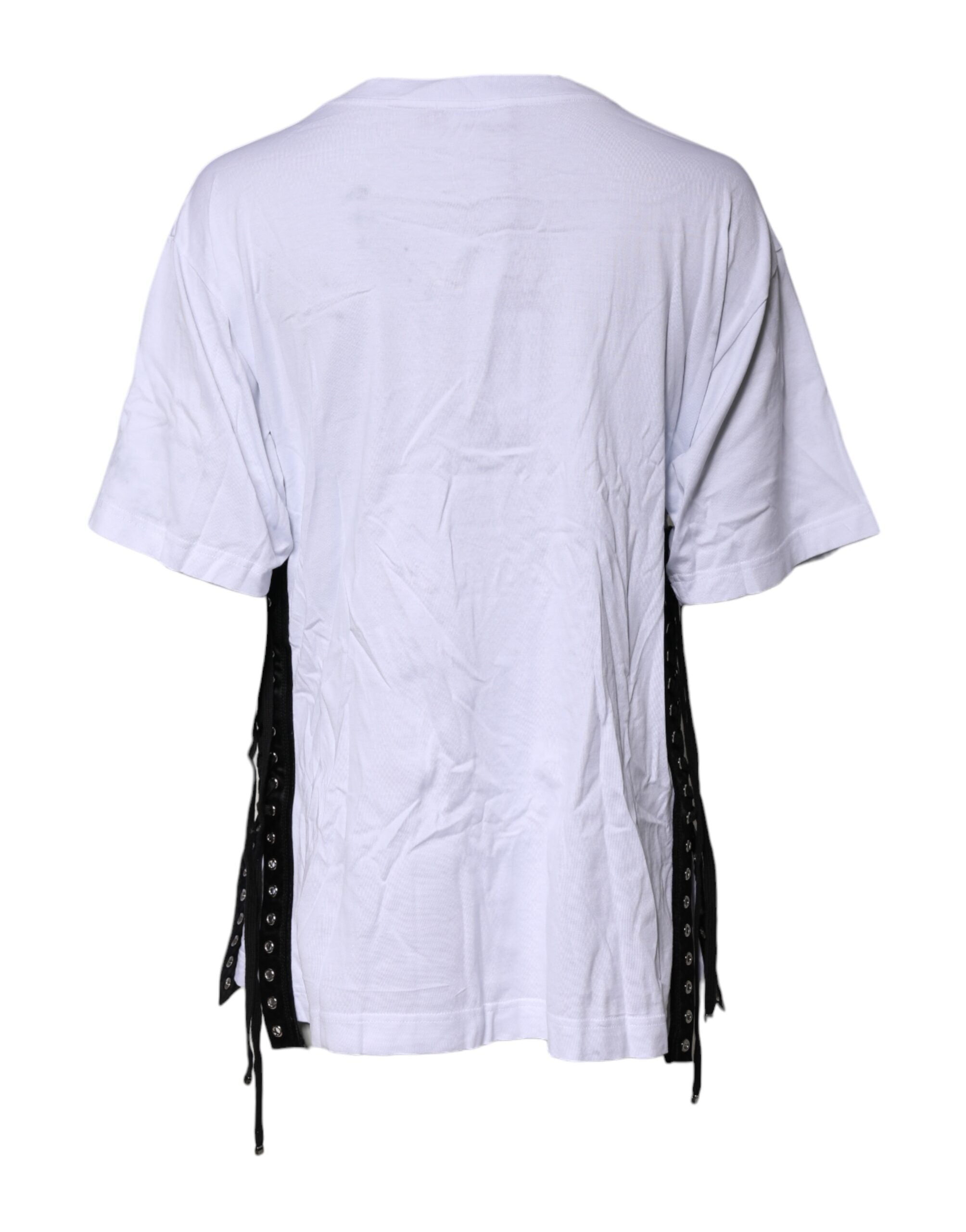 T-shirt blanc Dolce & Gabbana en coton à imprimé, à col rond et lacets, vue de face.