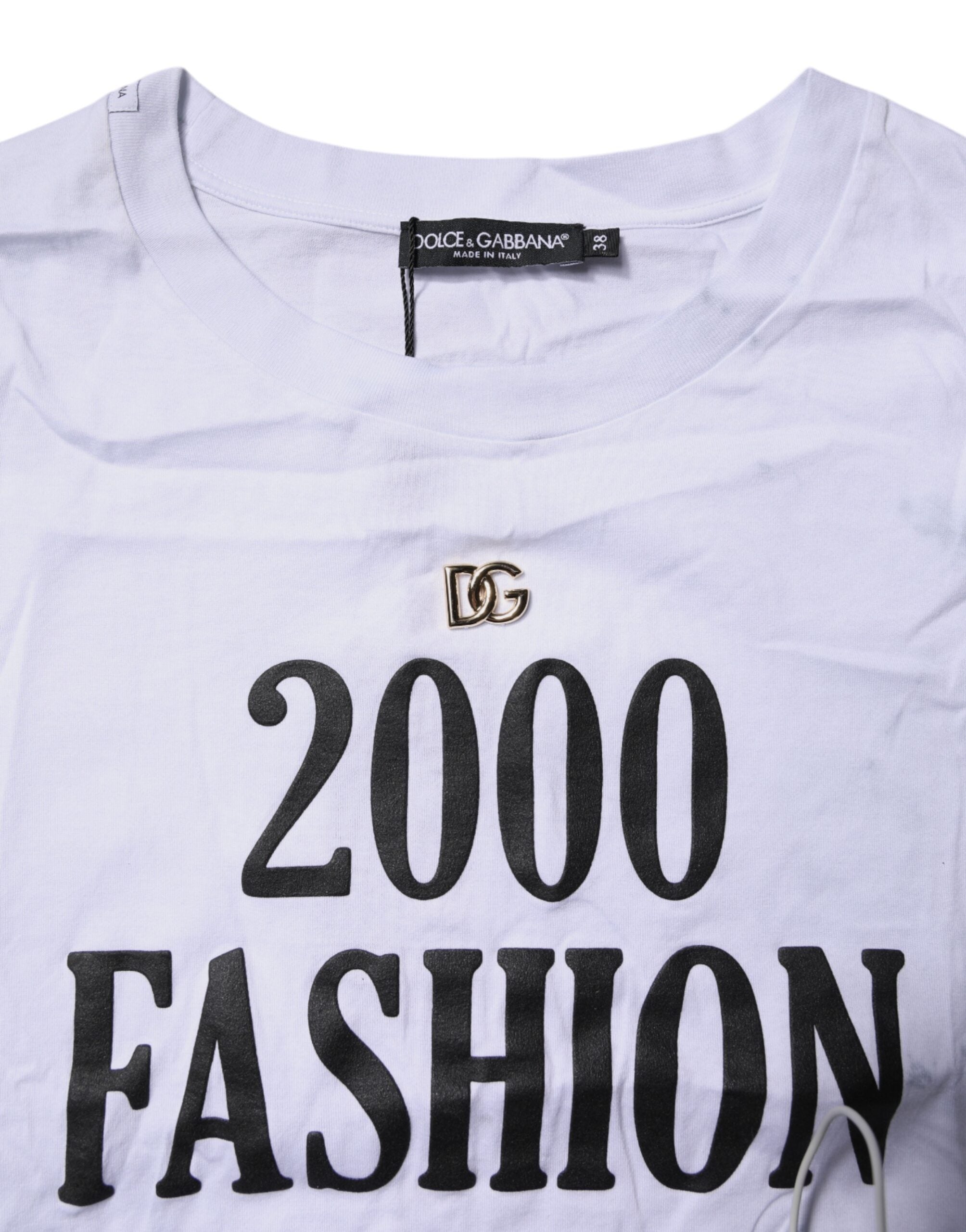 T-shirt blanc en coton à col rond et laçage Dolce & Gabbana avec impression, style décontracté et élégant.