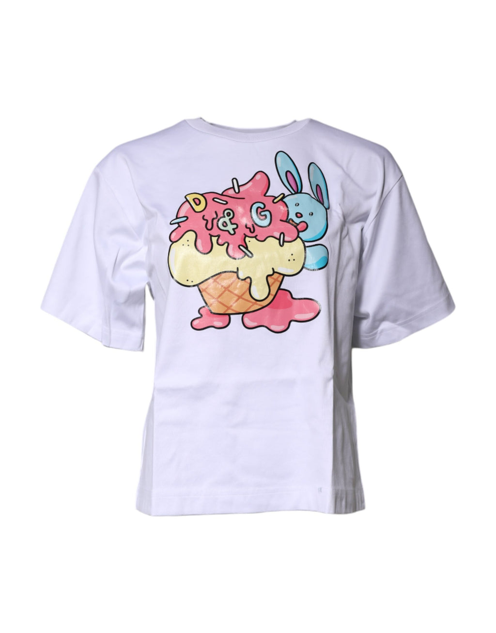 T-shirt blanc imprimé en coton de Dolce & Gabbana avec col rond, vue de face.