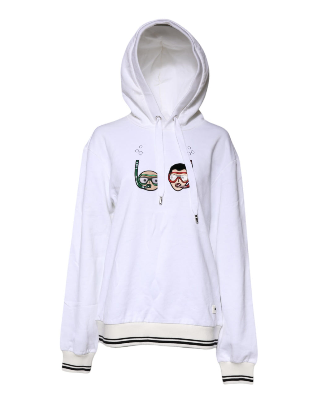 Sweat à capuche blanc Dolce & Gabbana #DGFamily en coton, avec logo imprimé sur la poitrine, porté en gros plan.