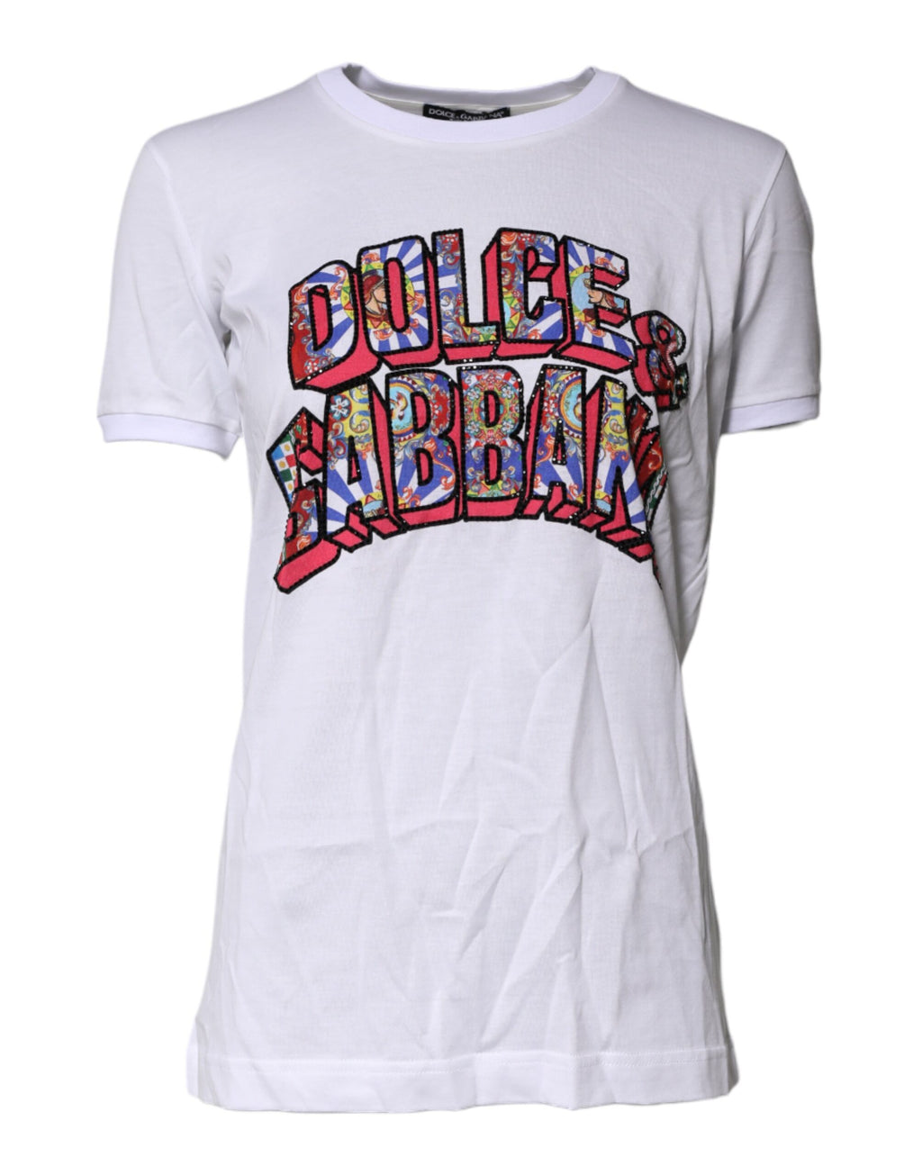 T-shirt blanc en coton Dolce & Gabbana avec logo imprimé, col rond et design élégant.