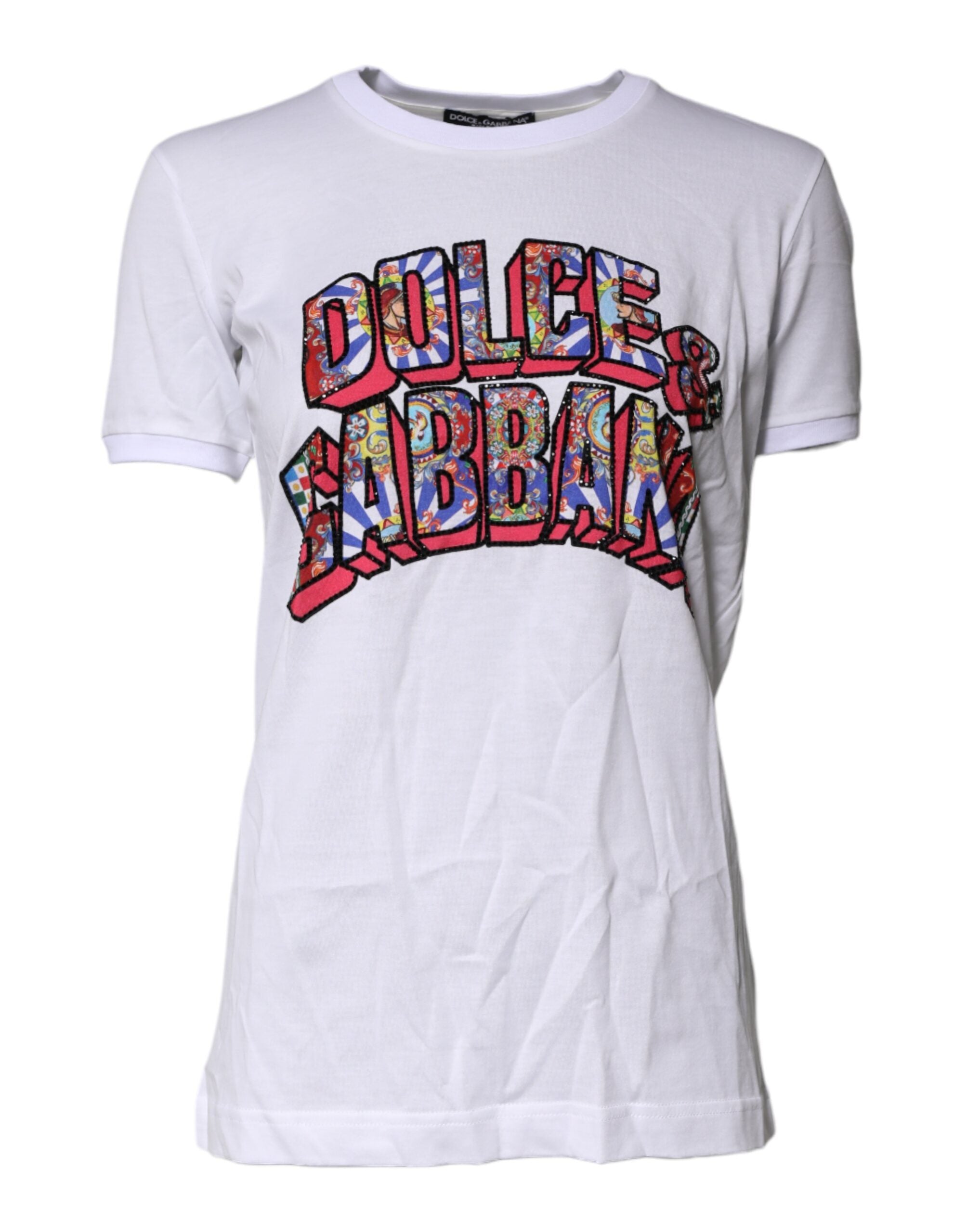 T-shirt blanc en coton Dolce & Gabbana avec logo imprimé, col rond et design élégant.
