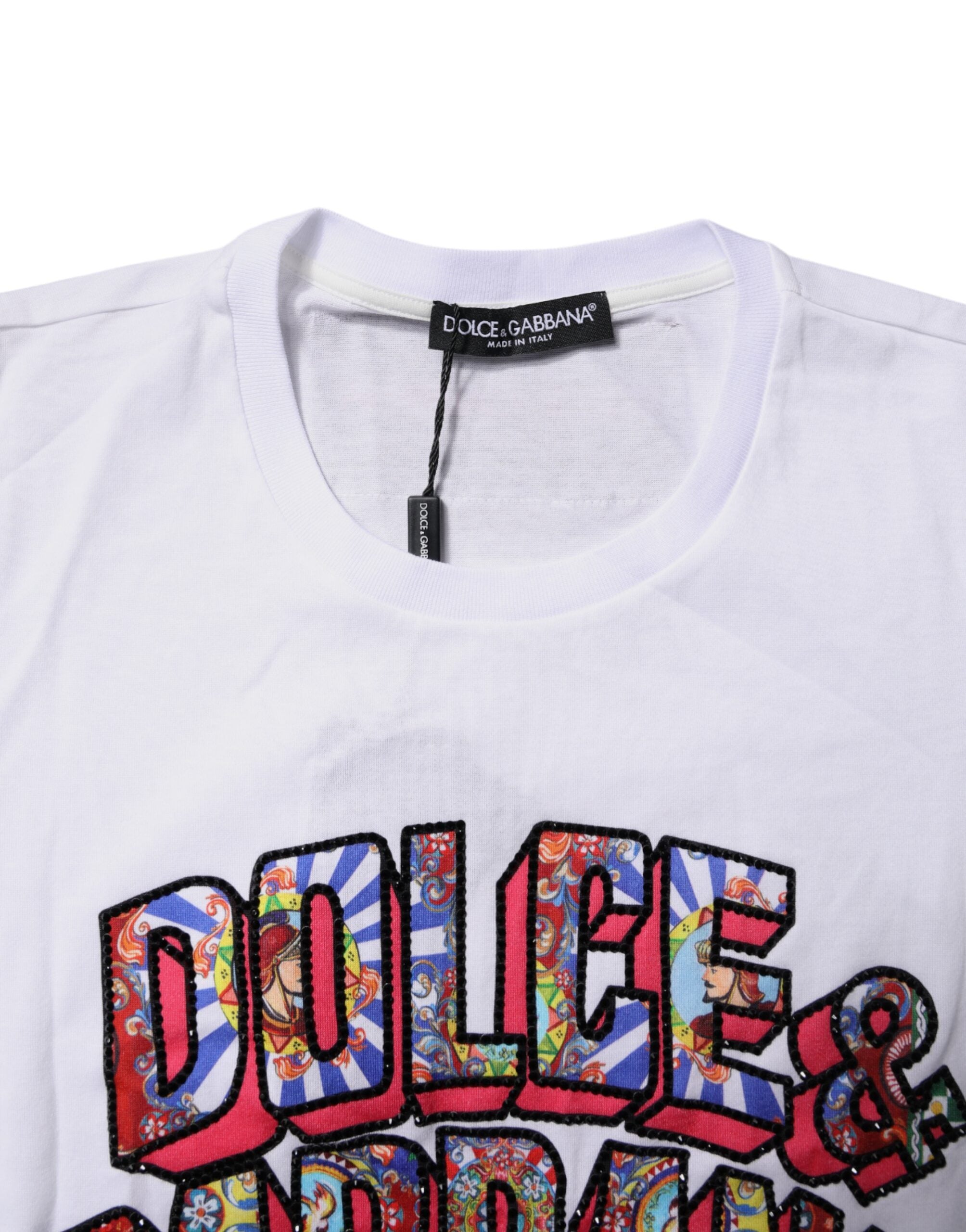T-shirt blanc en coton Dolce & Gabbana avec logo imprimé, col rond, vue de face.