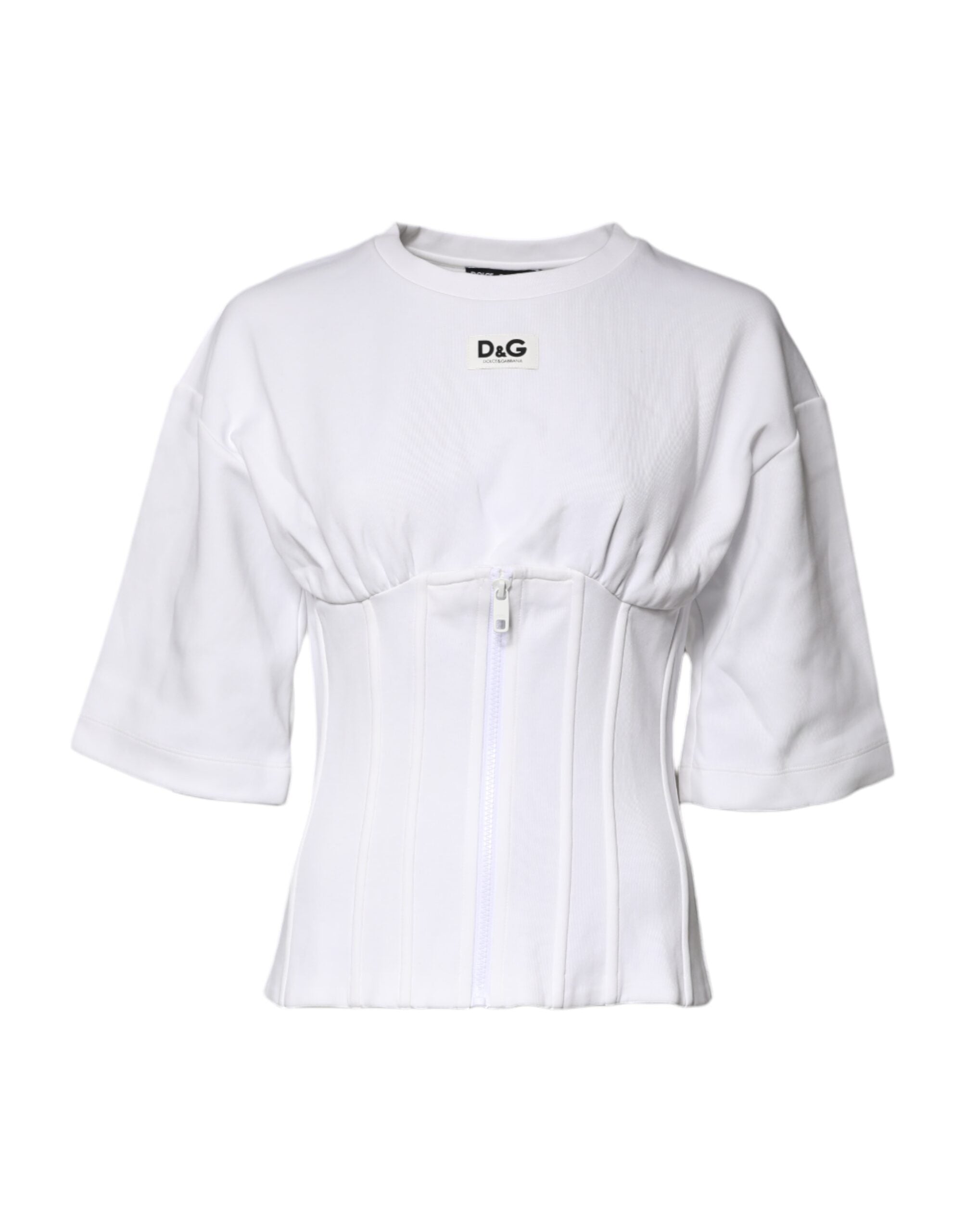 Chemisier Dolce & Gabbana en coton blanc, manches 3/4, style élégant et décontracté, affiché sur un mannequin.