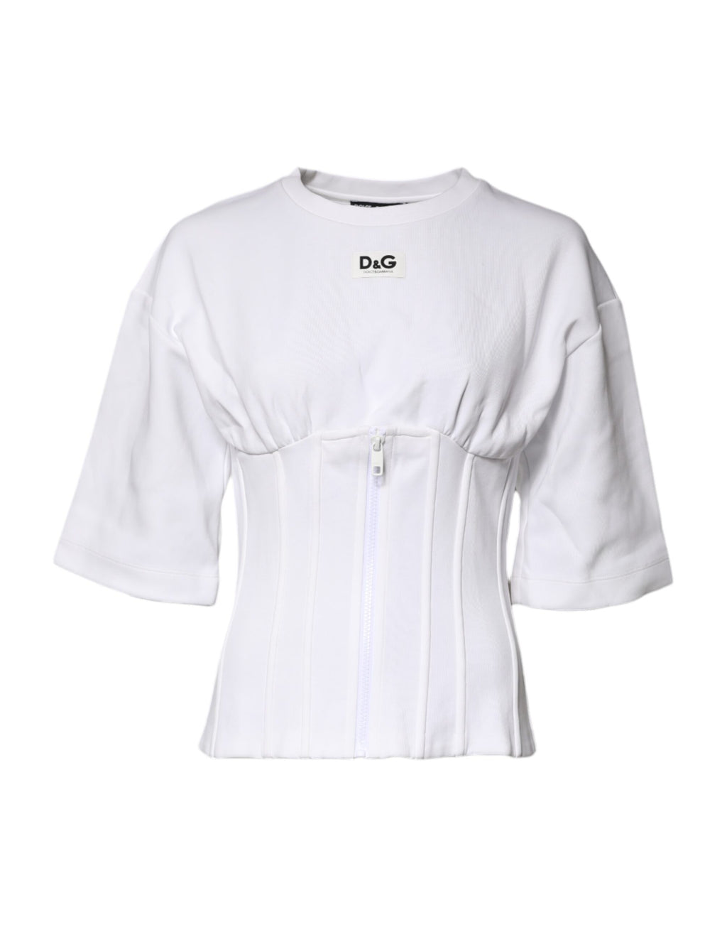 Chemisier blanc Dolce & Gabbana en coton mélangé à manches 3/4, vue de face avec détails du col et des manches