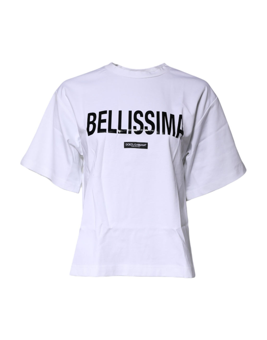 T-shirt blanc Dolce & Gabbana Bellissima en coton avec col rond, vue de face, détails du design visible.