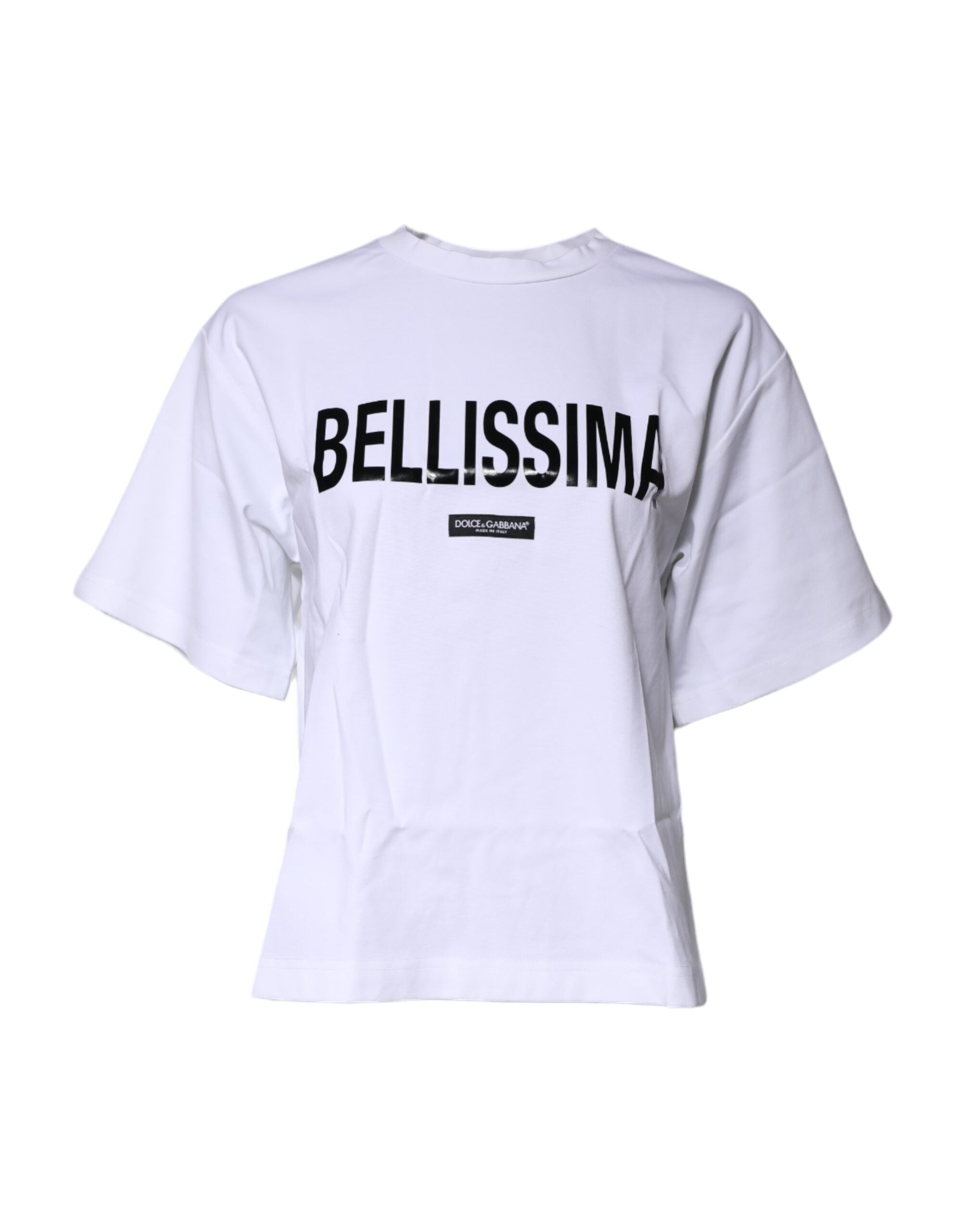 T-shirt blanc Dolce & Gabbana Bellissima en coton avec col rond, vue de face, détails du design visible.