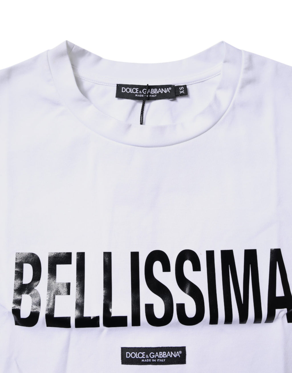 T-shirt blanc Dolce & Gabbana Bellissima en coton avec col rond, vue de face, mettant en valeur le design simple et élégant.