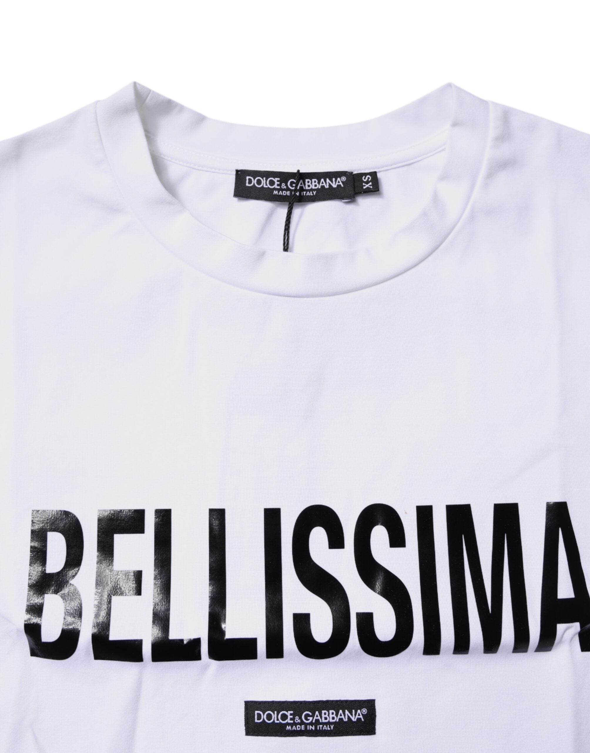 T-shirt blanc Dolce & Gabbana Bellissima en coton avec col rond, vue de face, mettant en valeur le design simple et élégant.