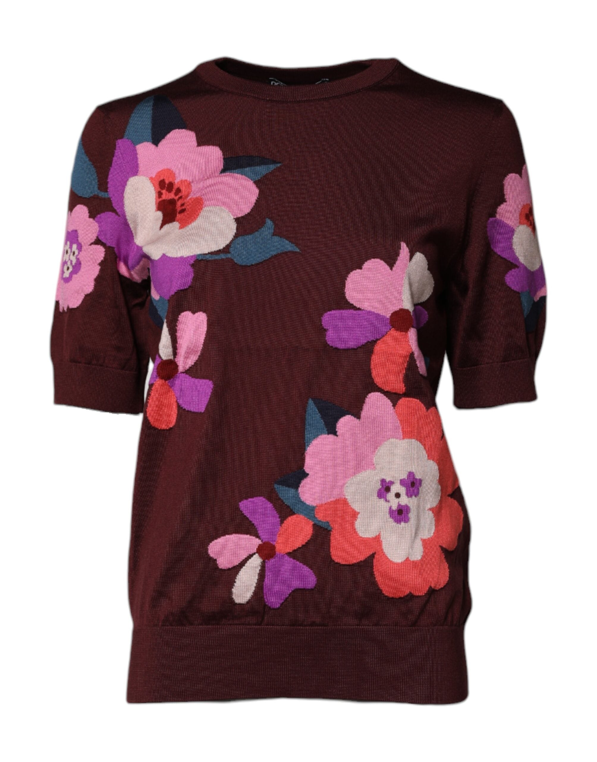 Blouse en soie bordeaux à fleurs de Dolce & Gabbana avec col rond et manches longues.