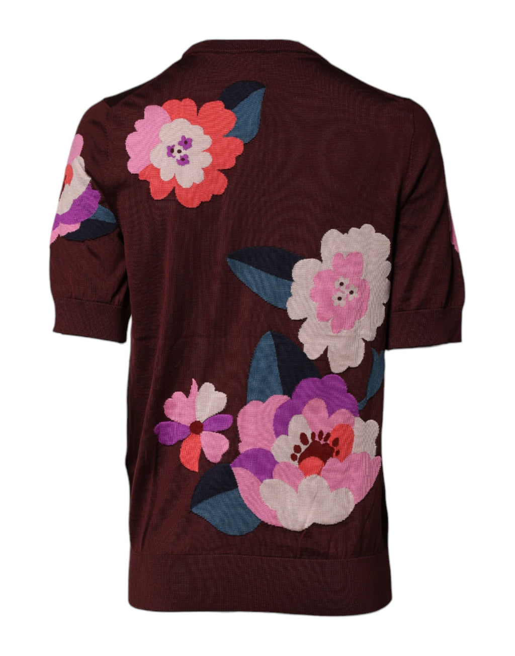Blouse en soie bordeaux à fleurs de Dolce & Gabbana, col rond, top élégant avec motif floral pour femme.