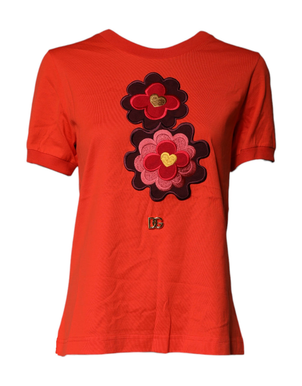 T-shirt en coton Dolce & Gabbana rouge avec broderie florale et col rond, détail de la mode élégante et raffinée.