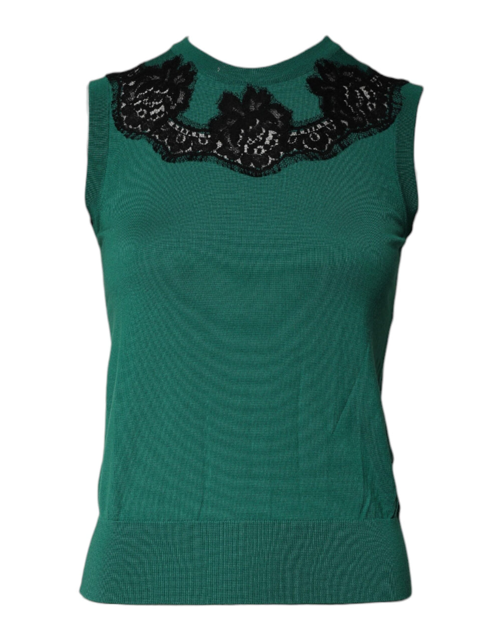 Débardeur sans manches en laine verte de Dolce & Gabbana avec détails en dentelle, mode élégante et sophistiquée.