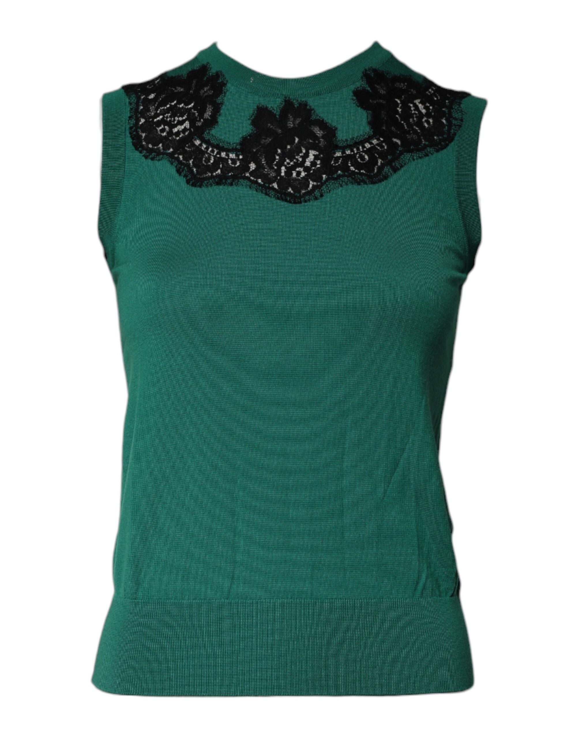 Débardeur sans manches en laine verte de Dolce & Gabbana avec détails en dentelle, mode élégante et sophistiquée.