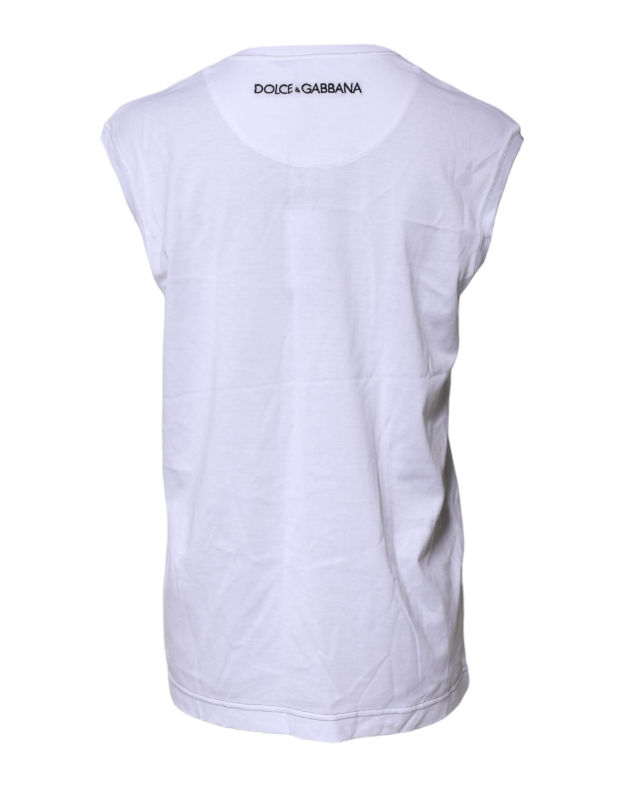 T-shirt sans manches en coton blanc Dolce & Gabbana avec imprimé floral, casual et élégant, porté sur mannequin.