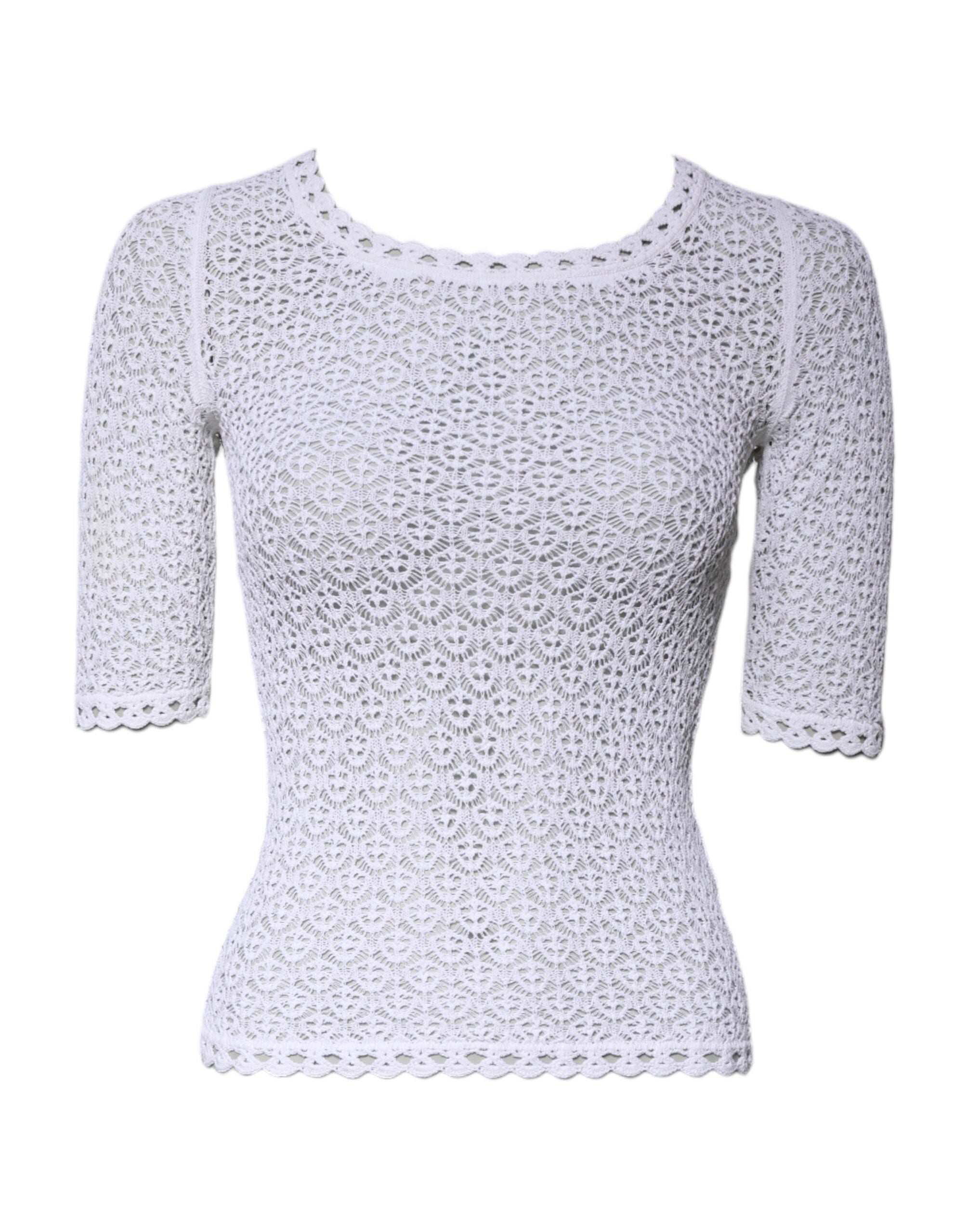 T-shirt à manches courtes en viscose blanche avec crochet, signé Dolce & Gabbana, visible en détail sur l'image.