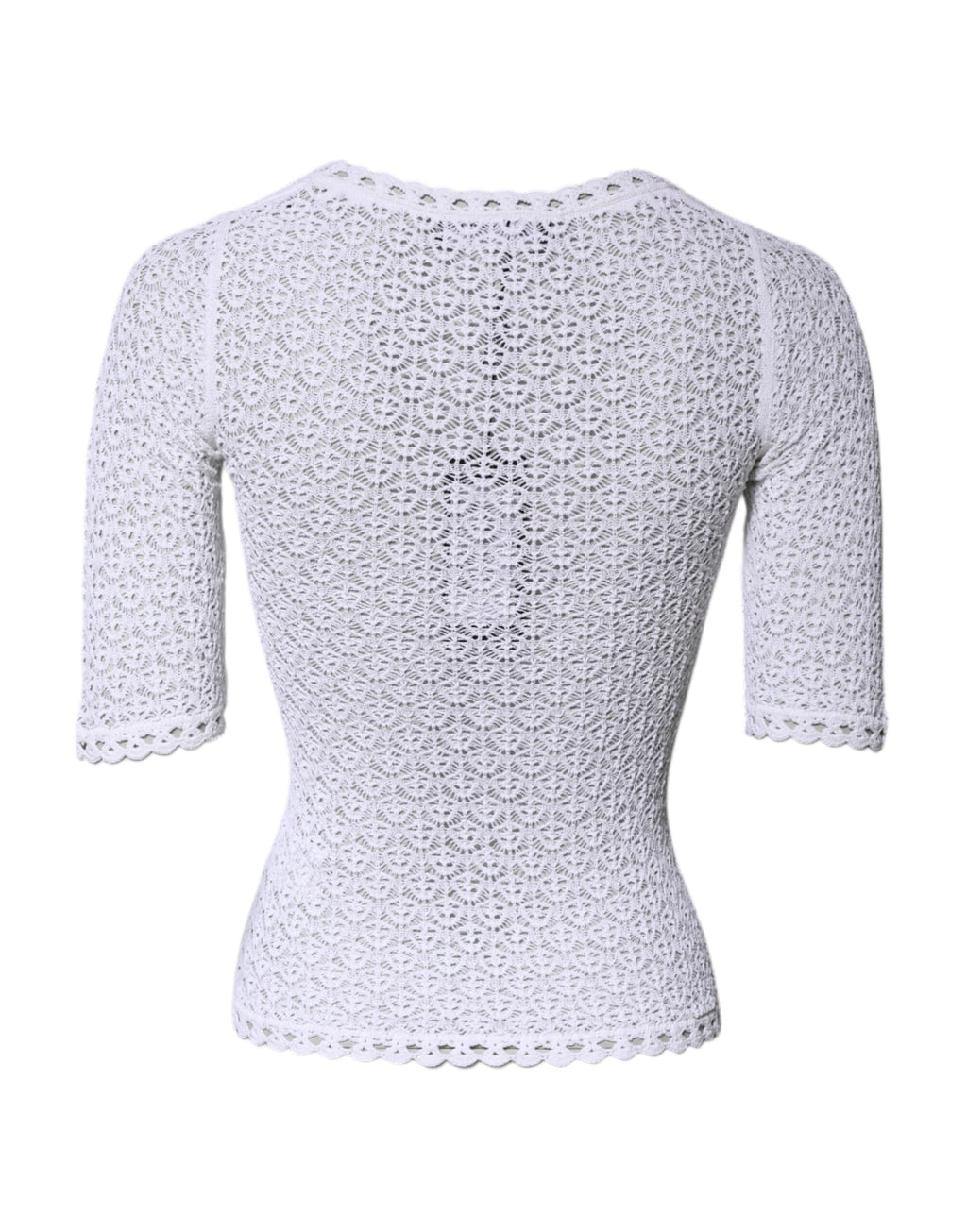 Haut court en viscose blanc Dolce & Gabbana avec manches courtes en crochet, détail élégant et tissu léger.