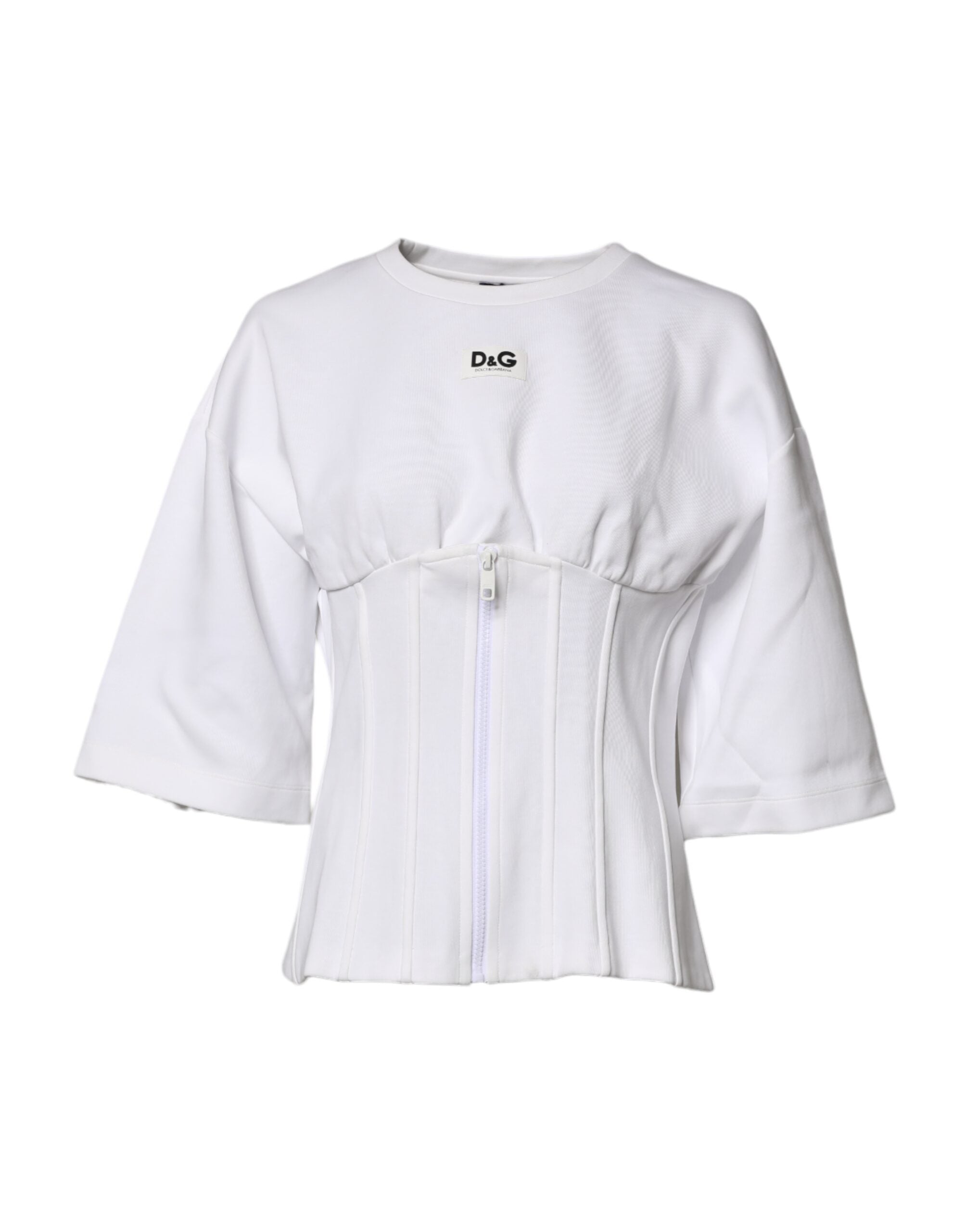 Blouse blanche en coton mélangé Dolce & Gabbana à manches 3/4, style élégant et décontracté visible sur l'image.