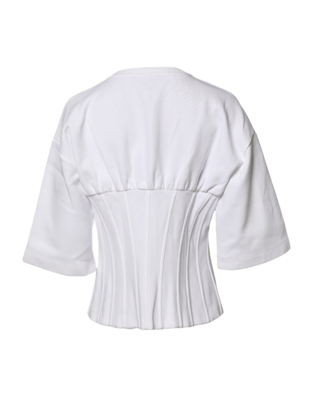 Chemisier blanc Dolce & Gabbana en coton mélangé avec manches 3/4 et col classique, détail élégant et style sophistiqué.