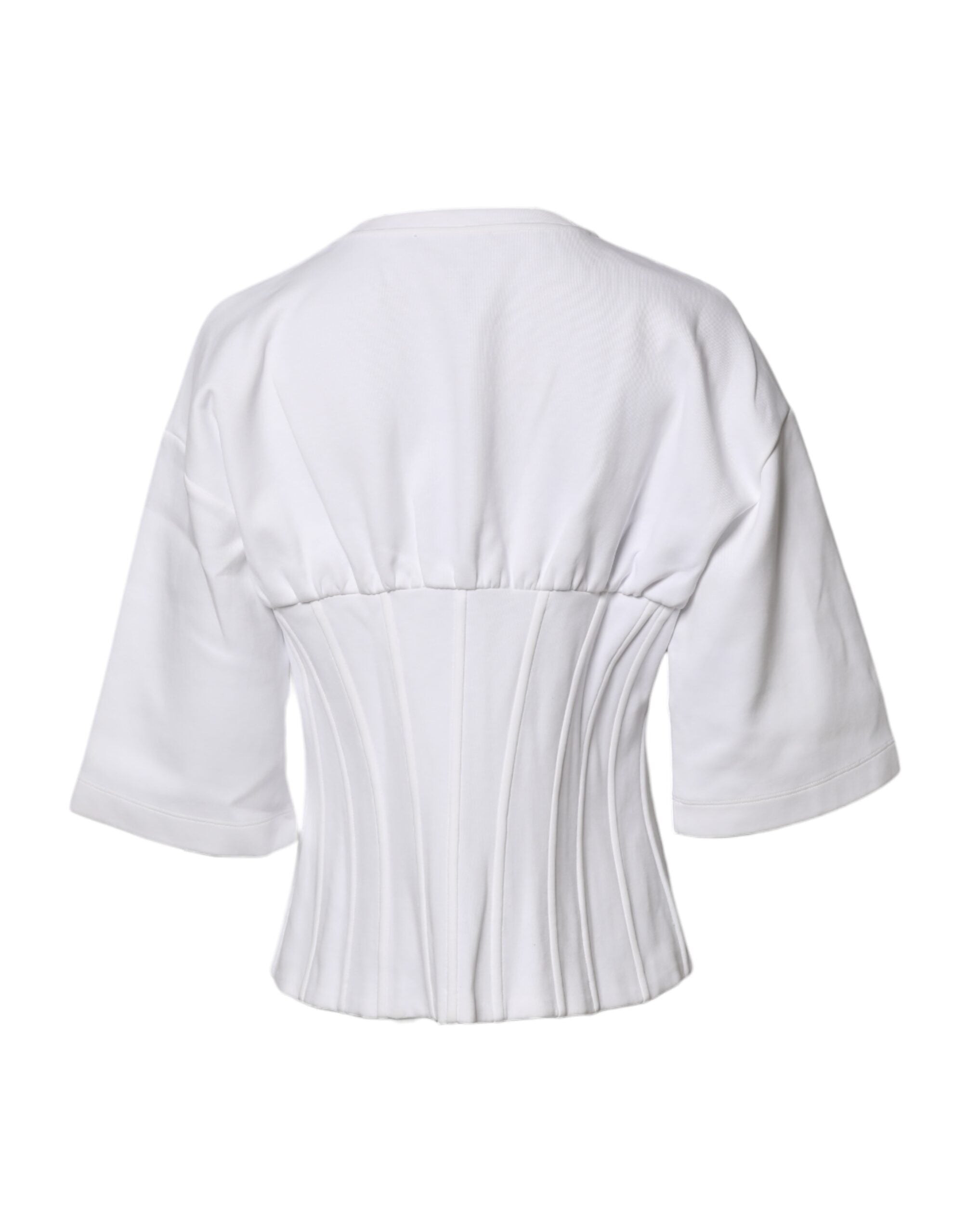 Chemisier blanc Dolce & Gabbana en coton mélangé avec manches 3/4 et col classique, détail élégant et style sophistiqué.