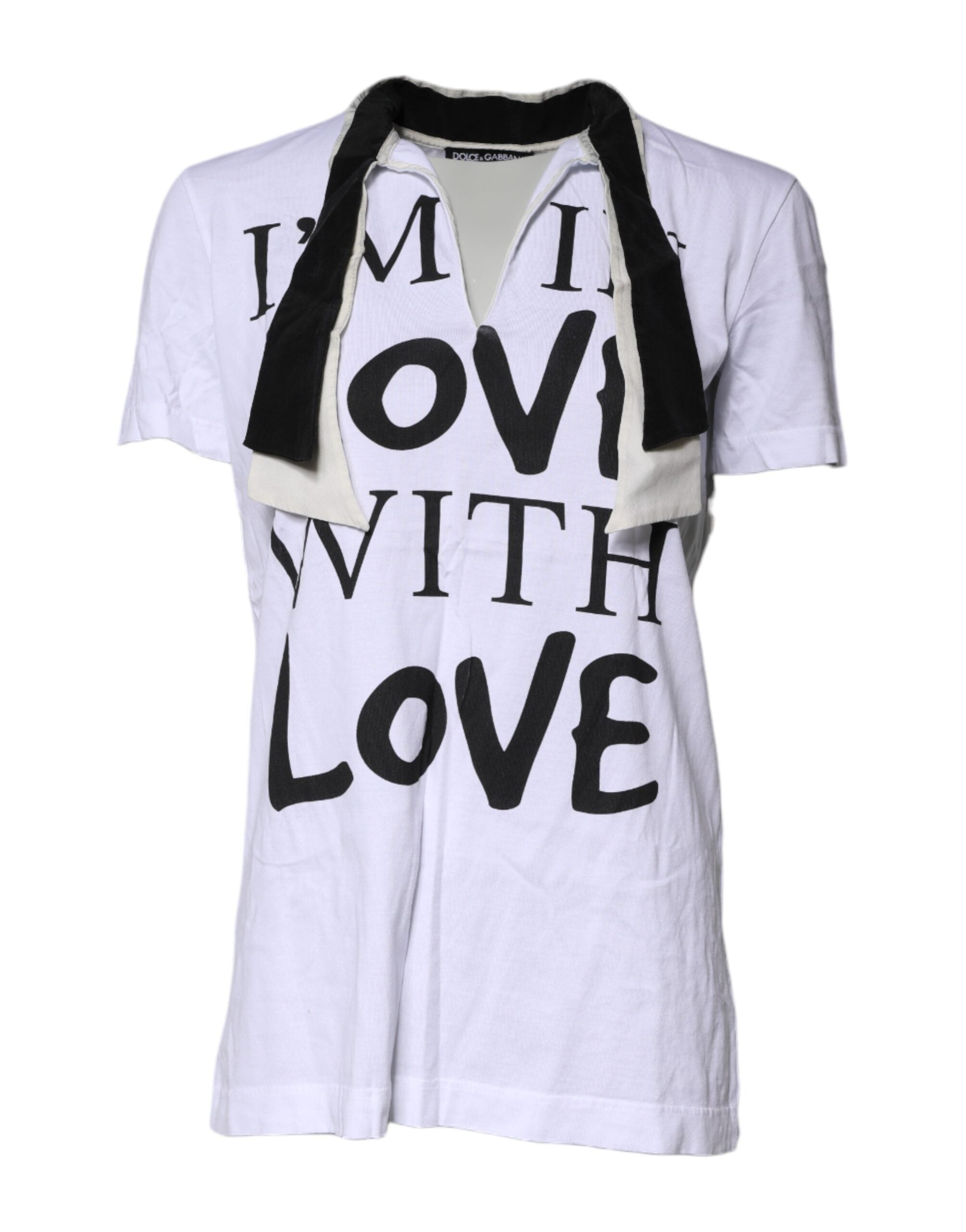 T-shirt blanc Dolce & Gabbana en coton soie avec col ascot, élégante et confortable, vue de face.