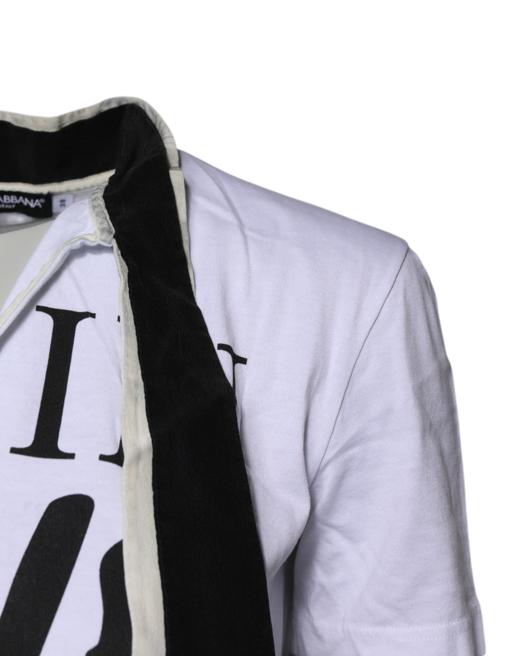 T-shirt blanc Dolce & Gabbana en coton et soie avec col ascot, mode élégante et sophistiquée.