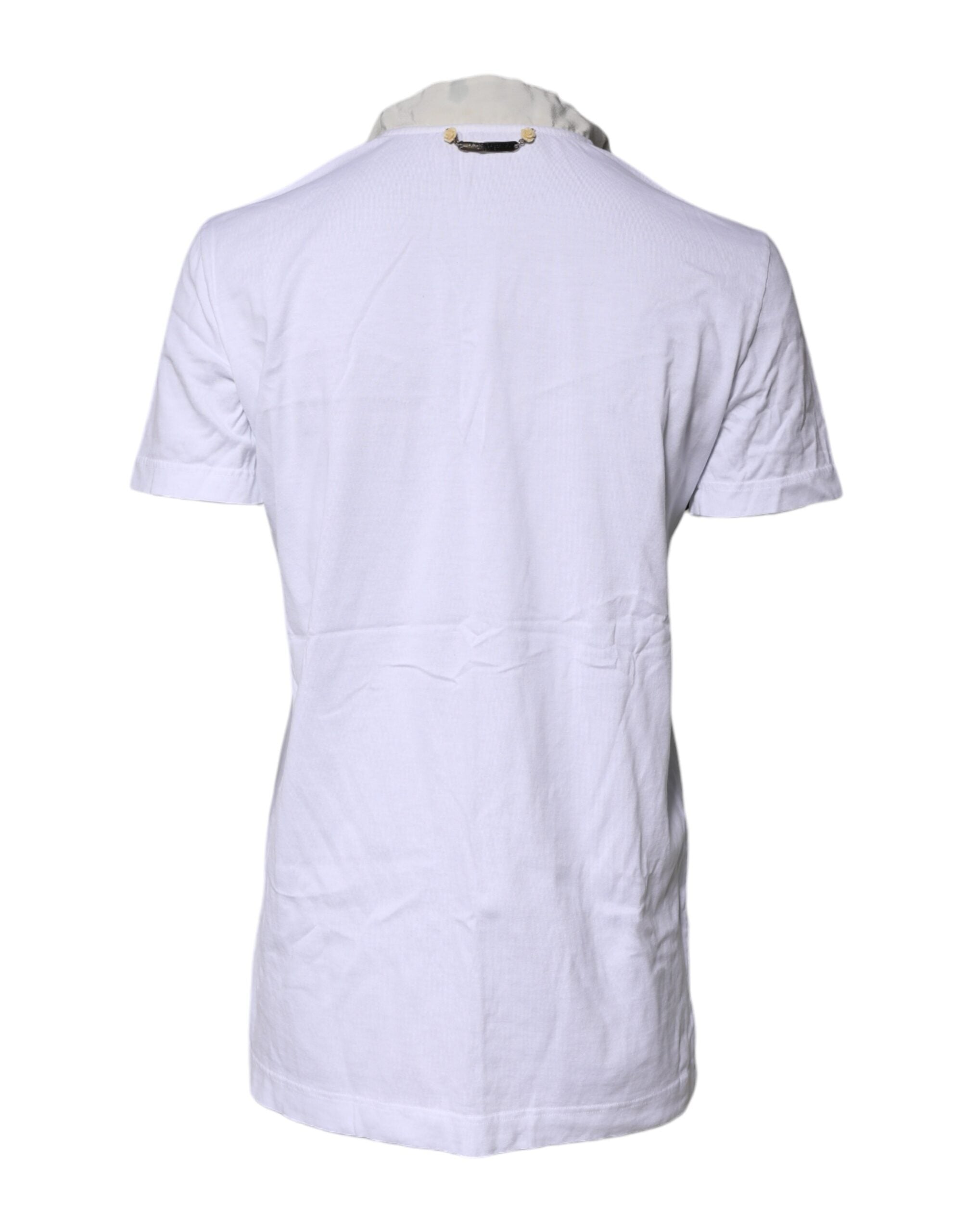 T-shirt blanc en coton et soie mélangée avec col ascot de Dolce & Gabbana, vue de face.