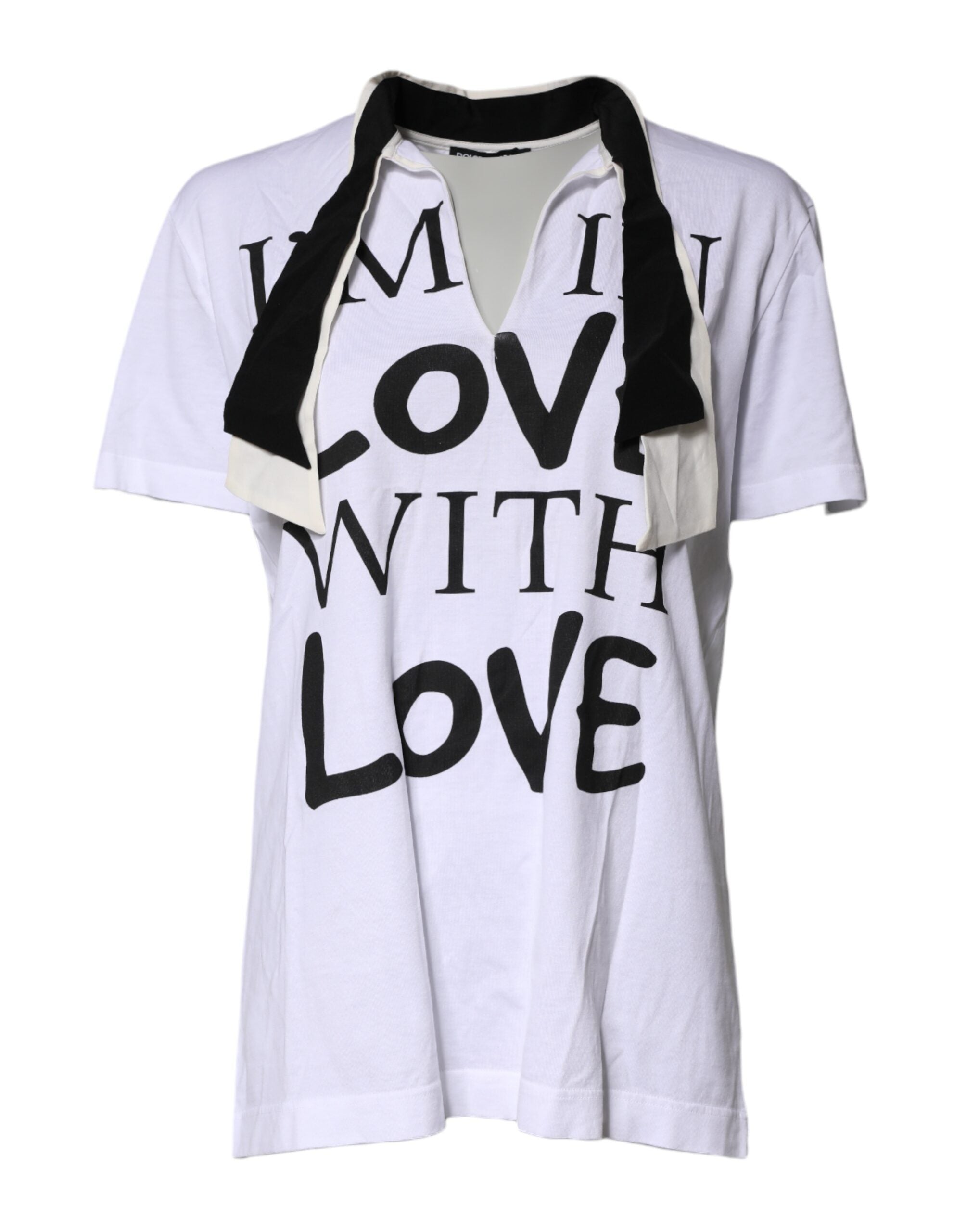 T-shirt blanc en coton et soie Dolce & Gabbana avec col ascot, élégance et confort pour un look sophistiqué.