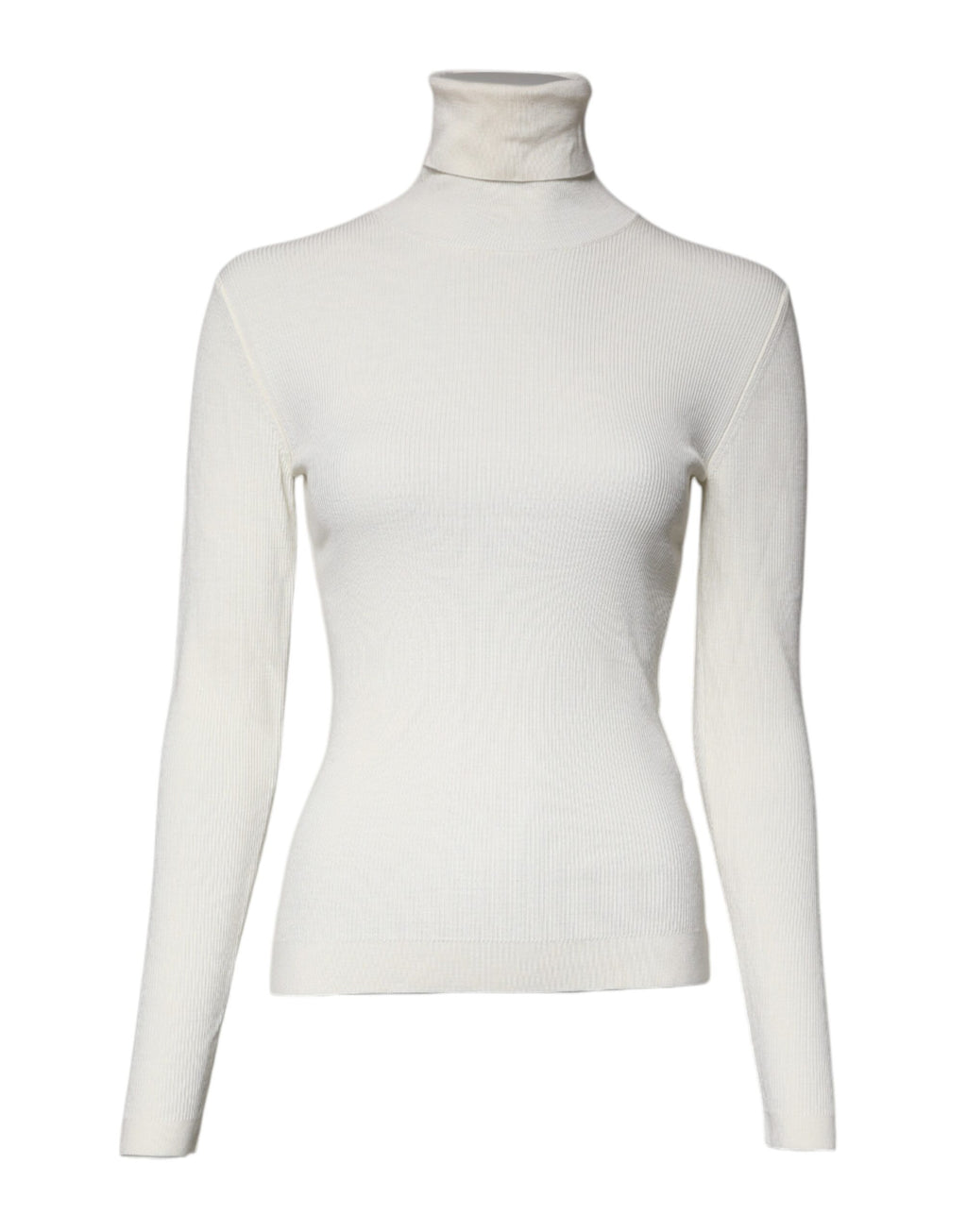 Pull en cachemire Dolce & Gabbana à manches longues, col roulé, coupe slim, couleur crème, style élégant et confortable.