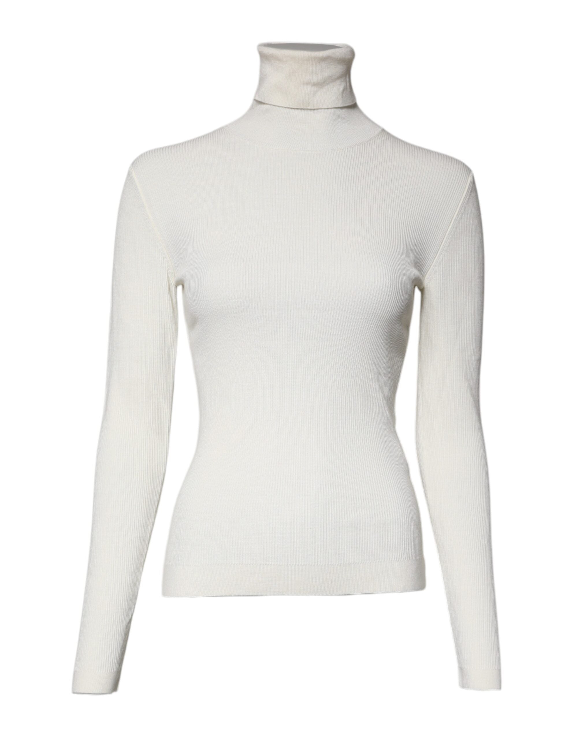 Pull en cachemire Dolce & Gabbana à manches longues, col roulé slim, couleur crème, ajusté et élégant.