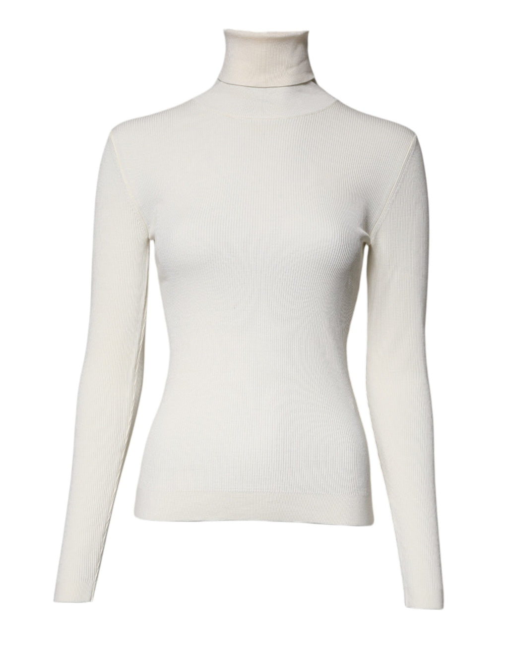 Pull Dolce & Gabbana à manches longues et col roulé crème, coupe slim, porté sur mannequin.