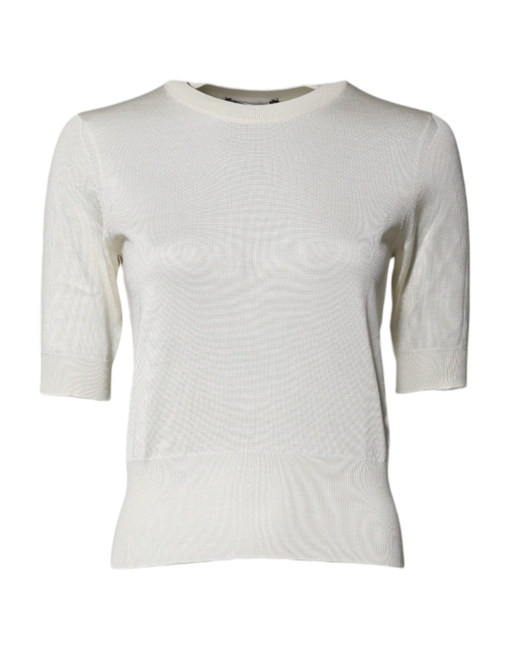 Blouse courte en soie crème à manches courtes et col rond de Dolce & Gabbana, élégante et légère.