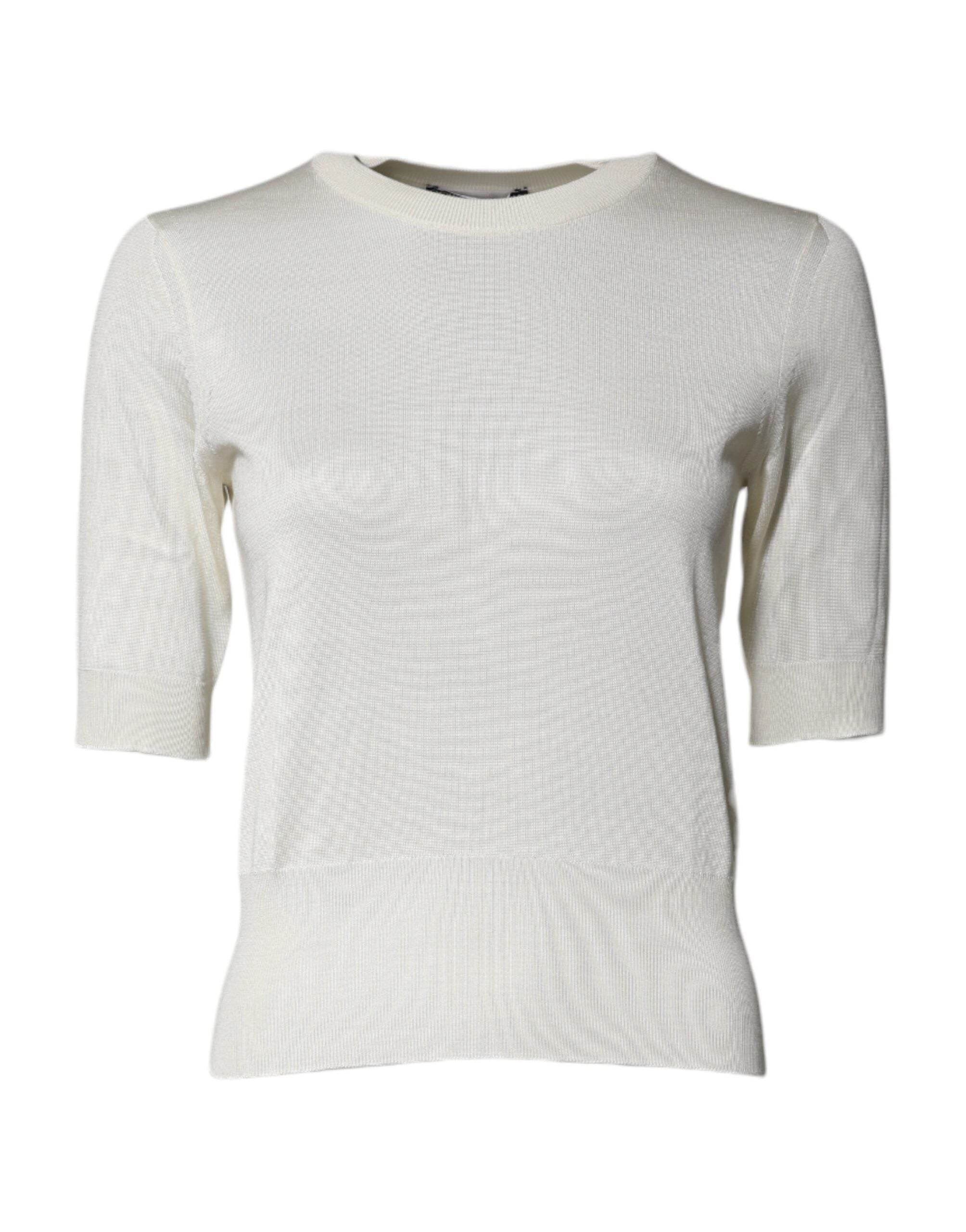 Chemise en soie crème à manches courtes Dolce & Gabbana avec col rond, vue de face.