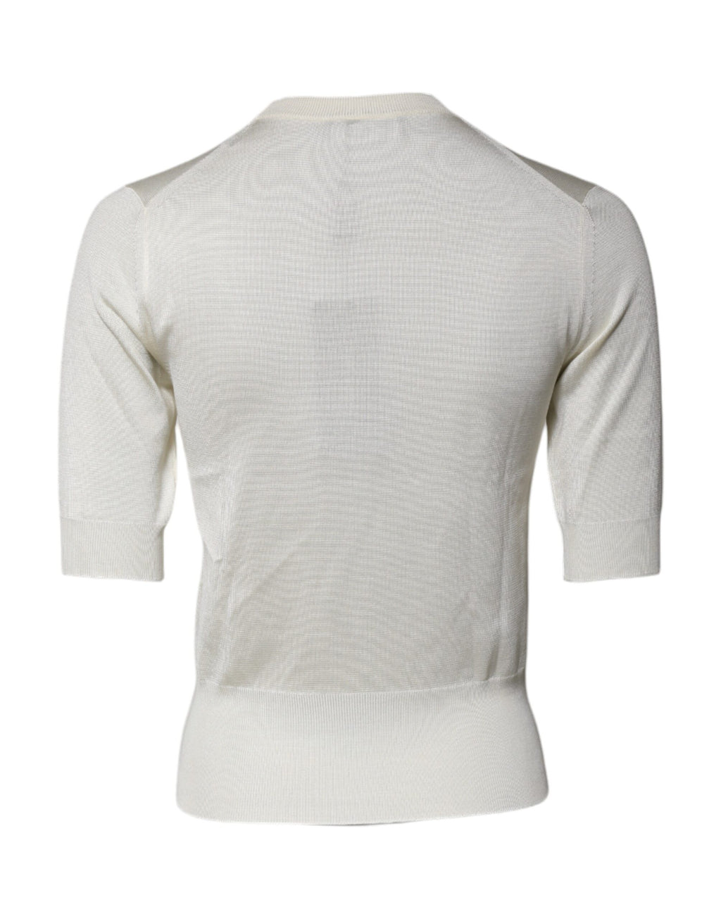 Blouse en soie beige à manches courtes Dolce & Gabbana avec col rond, élégante et légère.