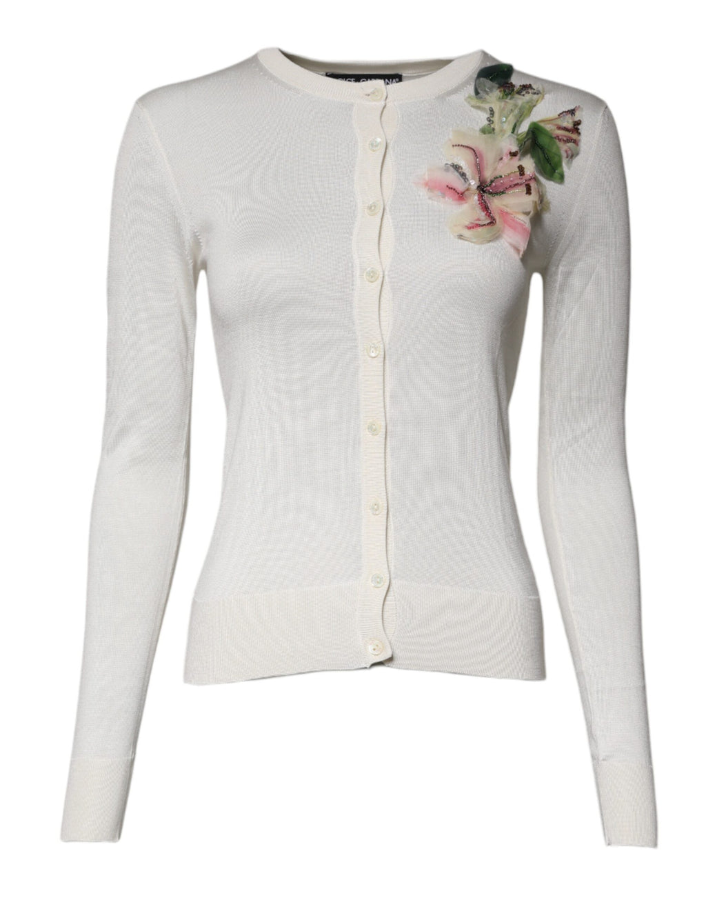 Cardigan en soie crème à motifs floraux et embellissements Dolce & Gabbana, pull élégant avec détails floraux.