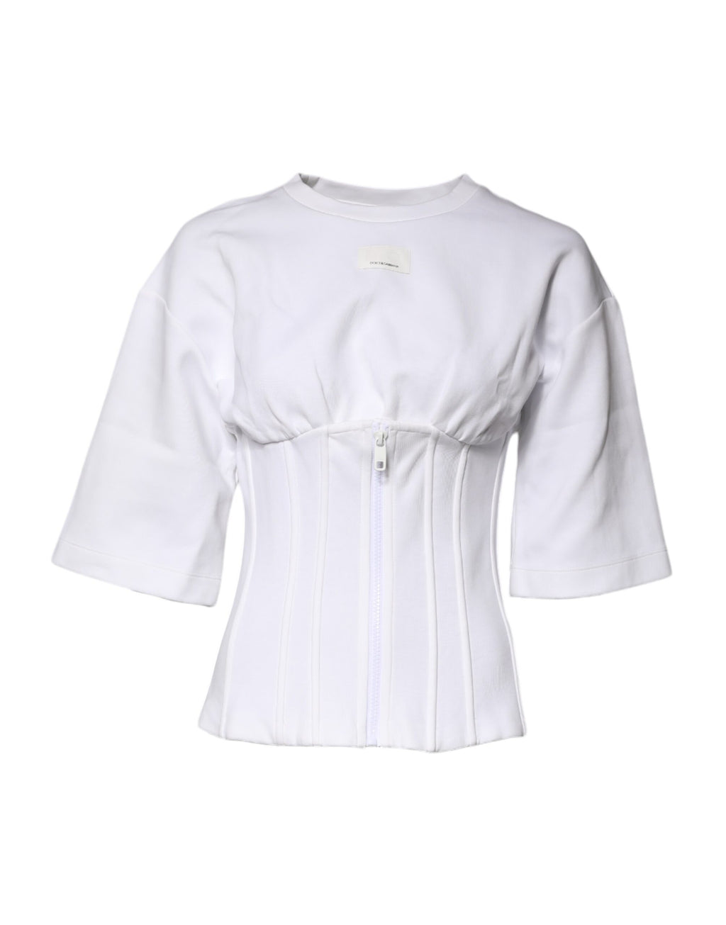 Chemise Dolce & Gabbana en coton blanc à manches 3/4, vue de face, détails du tissu et coupe élégante visibles.