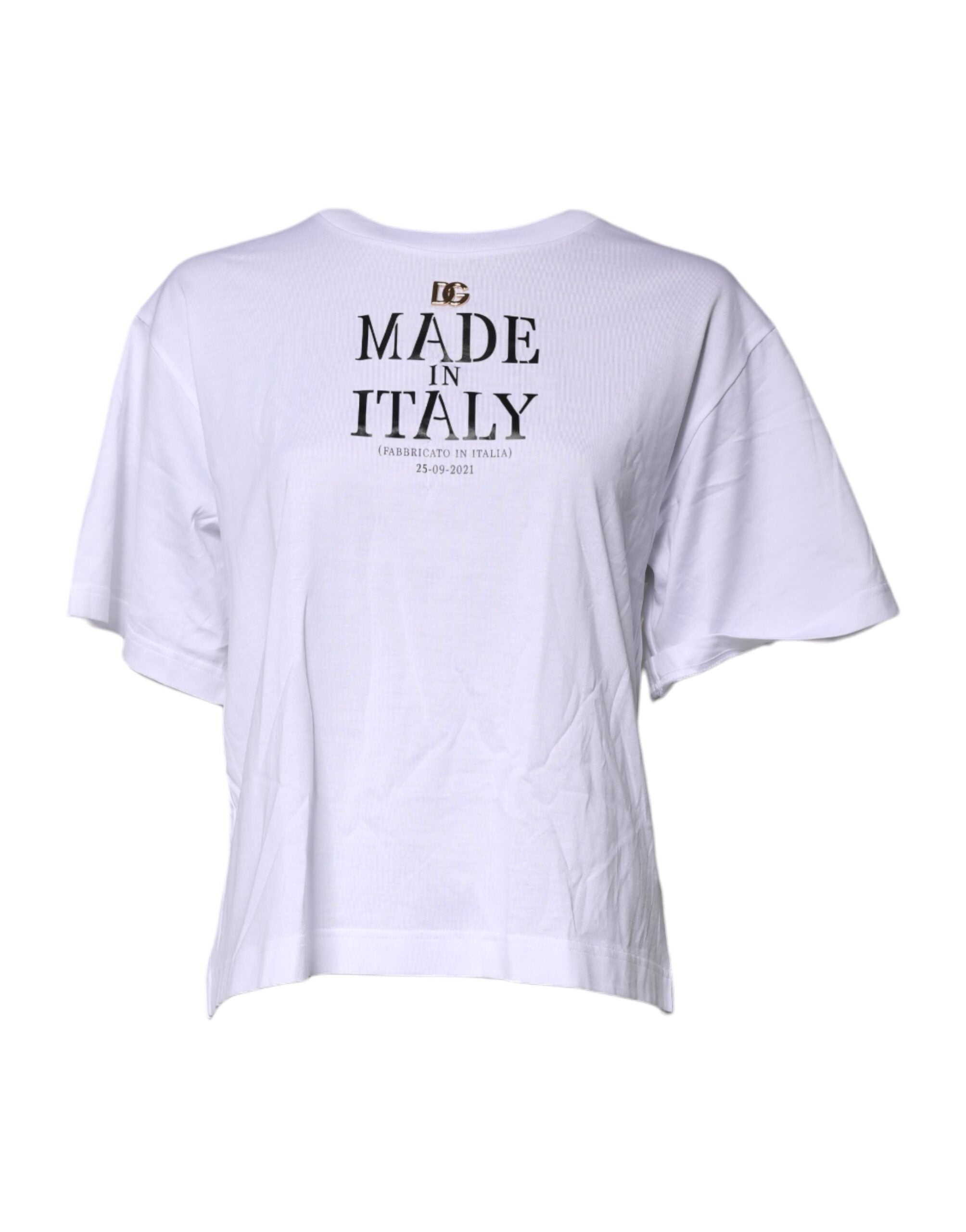 T-shirt blanc imprimé à col rond Dolce & Gabbana en coton, vue de face, détails du design visible.