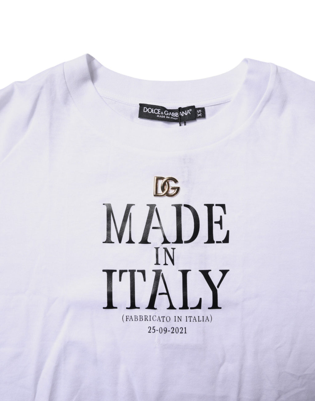 T-shirt blanc Dolce & Gabbana à col rond avec imprimé en coton, vue de face.