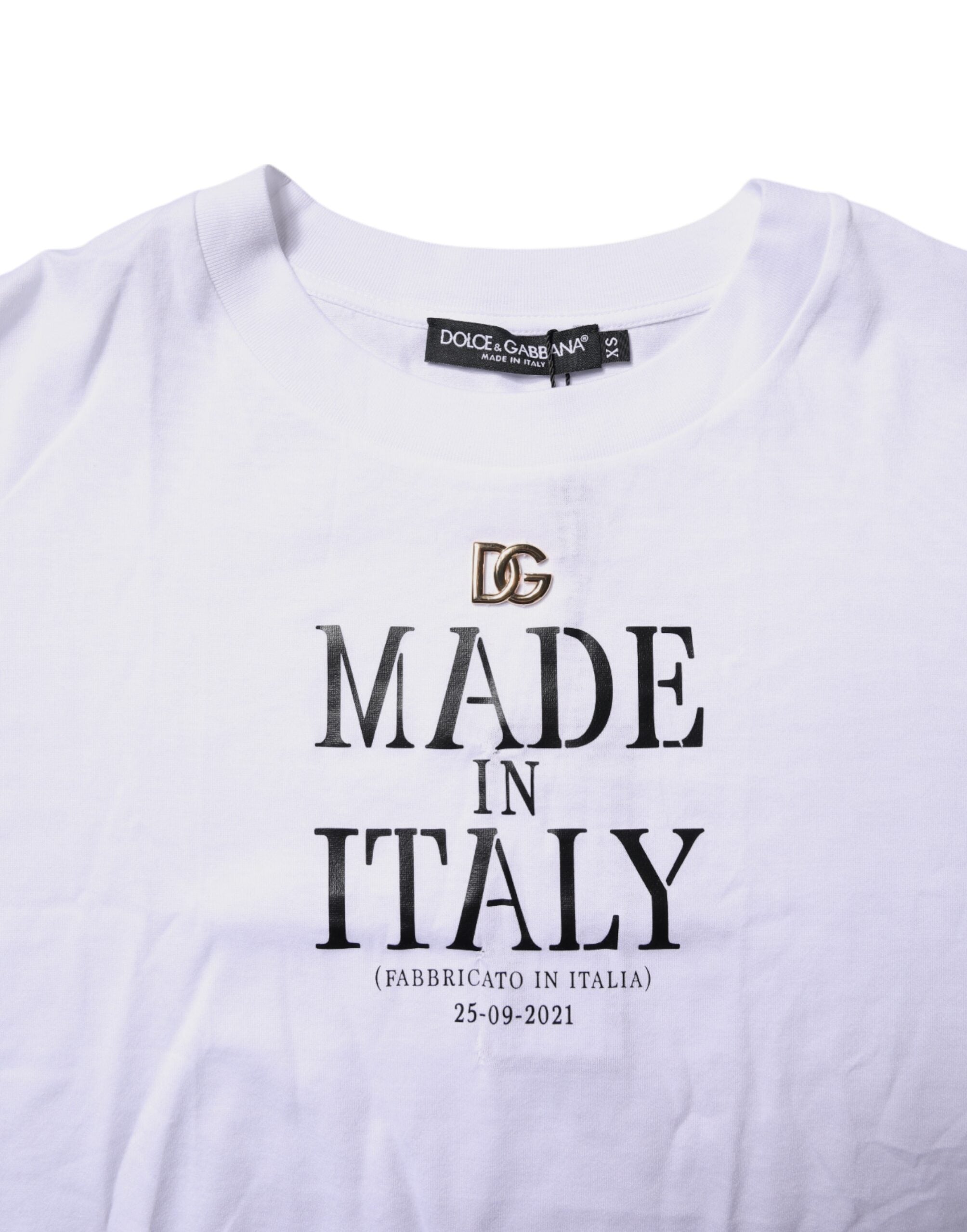 T-shirt blanc Dolce & Gabbana à col rond avec imprimé en coton, vue de face.