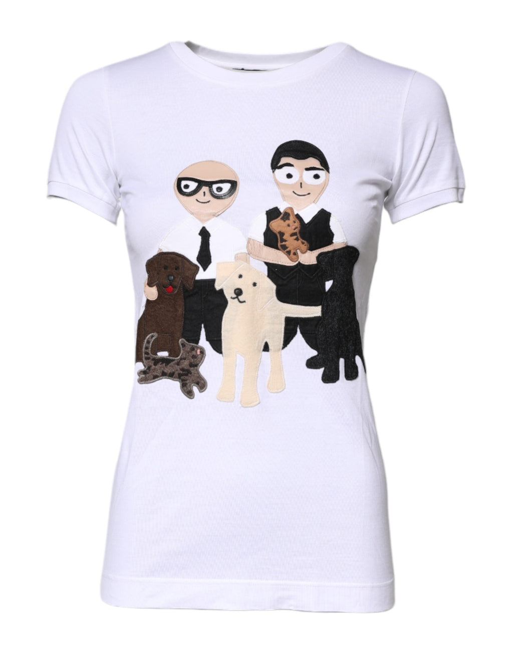 T-shirt blanc en coton Dolce & Gabbana avec broderie #DGFAMILY, vue de face, détails de l embroidery visible.
